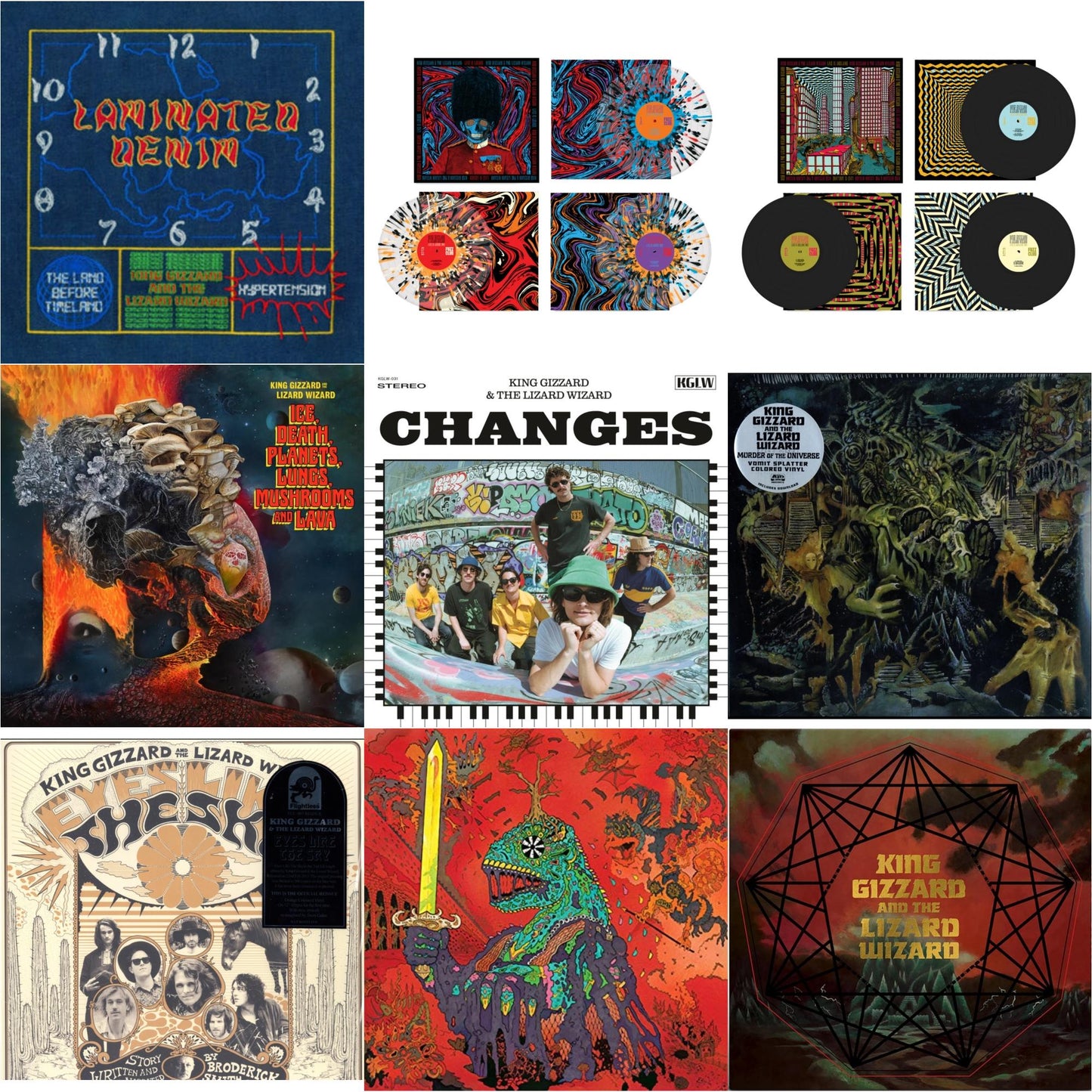 King Gizzard & The Lizard Wizard - Laminated Denim (Lucky Rainbow LP Vinyl) & Live In London '19 (Fuzz Club Official Bootleg) (Coloured LP Vinyl) & Live In Asheville '19 (Fuzz Club Official Bootleg) & Ice, Death, Planets, Lungs, Mushrooms & Lava