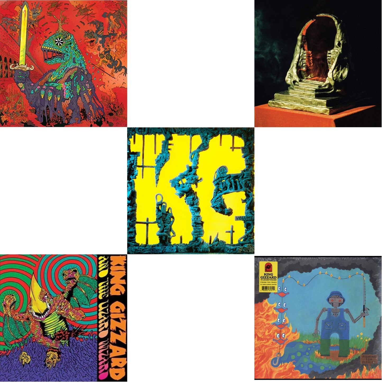 King Gizzard & The Lizard Wizard - 12 Bar Bruise (Sea Foam Green LP Vinyl) & Willoughby's Beach (Tangerine LP Vinyl) & K.G. (X) & Infest The Rats' Nest (Red/Black LP Vinyl) & Fishing For Fishies (Green LP Vinyl)