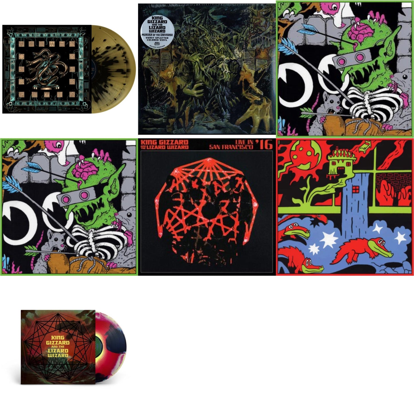 King Gizzard & The Lizard Wizard - Chunky Shrapnel (2LP/Gold With Black Splatter Vinyl) & Murder Of The Universe (Transparent Green W/Mustard Yelow Splatter LP Vinyl) & Live In Brussels '19 (140G/3LP) & Live In Brussels '19 (Fuzz Club Official