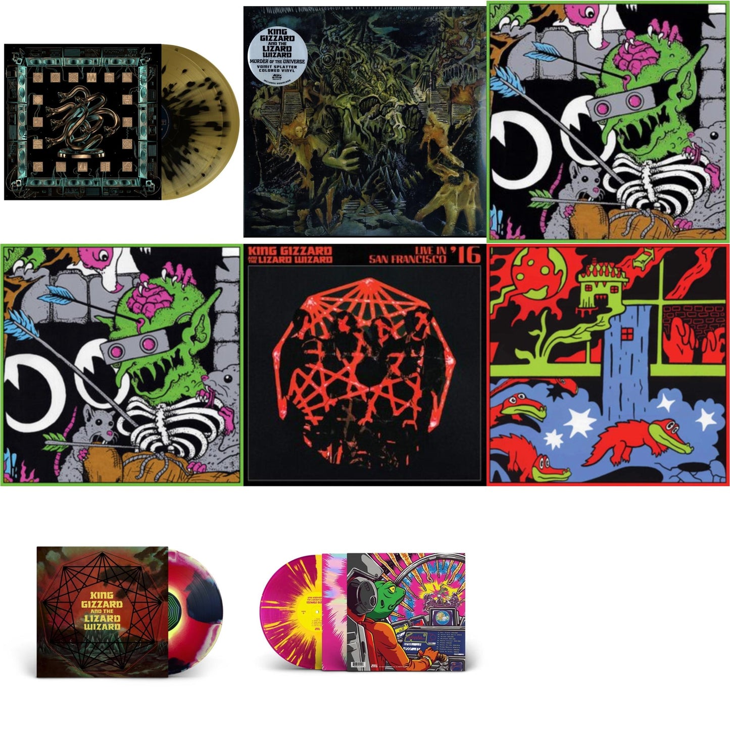 King Gizzard & The Lizard Wizard - Chunky Shrapnel (2LP/Gold With Black Splatter Vinyl) & Murder Of The Universe (Transparent Green W/Mustard Yelow Splatter LP Vinyl) & Live In Brussels '19 (140G/3LP) & Live In Brussels '19 (Fuzz Club Official