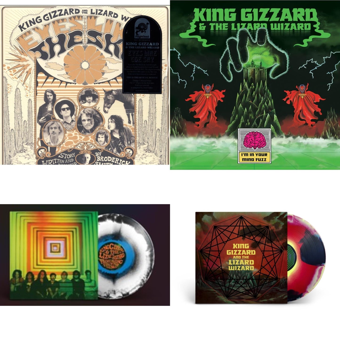 King Gizzard & The Lizard Wizard - Eyes Likes The Sky (Peach LP Vinyl) & I'm In Your Mind Fuzz & Float Along - Fill Your Lungs (Venusian Sky Color LP Vinyl) & Nonagon Infinity (Yellow/Red/Black LP Vinyl)