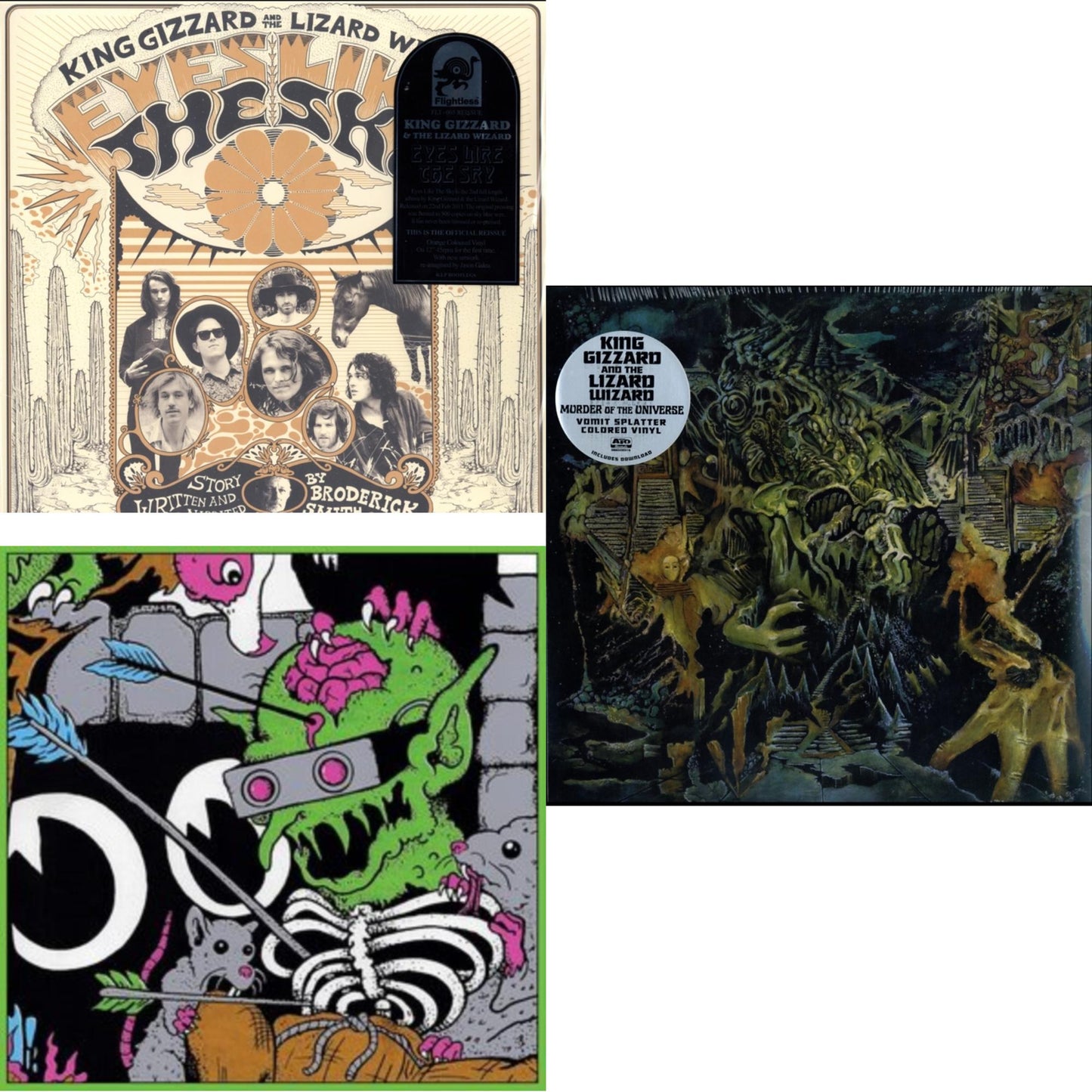 King Gizzard & The Lizard Wizard - Live In Brussels '19 (140G/3LP) & Murder Of The Universe (Transparent Green W/Mustard Yelow Splatter LP Vinyl) & Eyes Likes The Sky (Peach LP Vinyl)