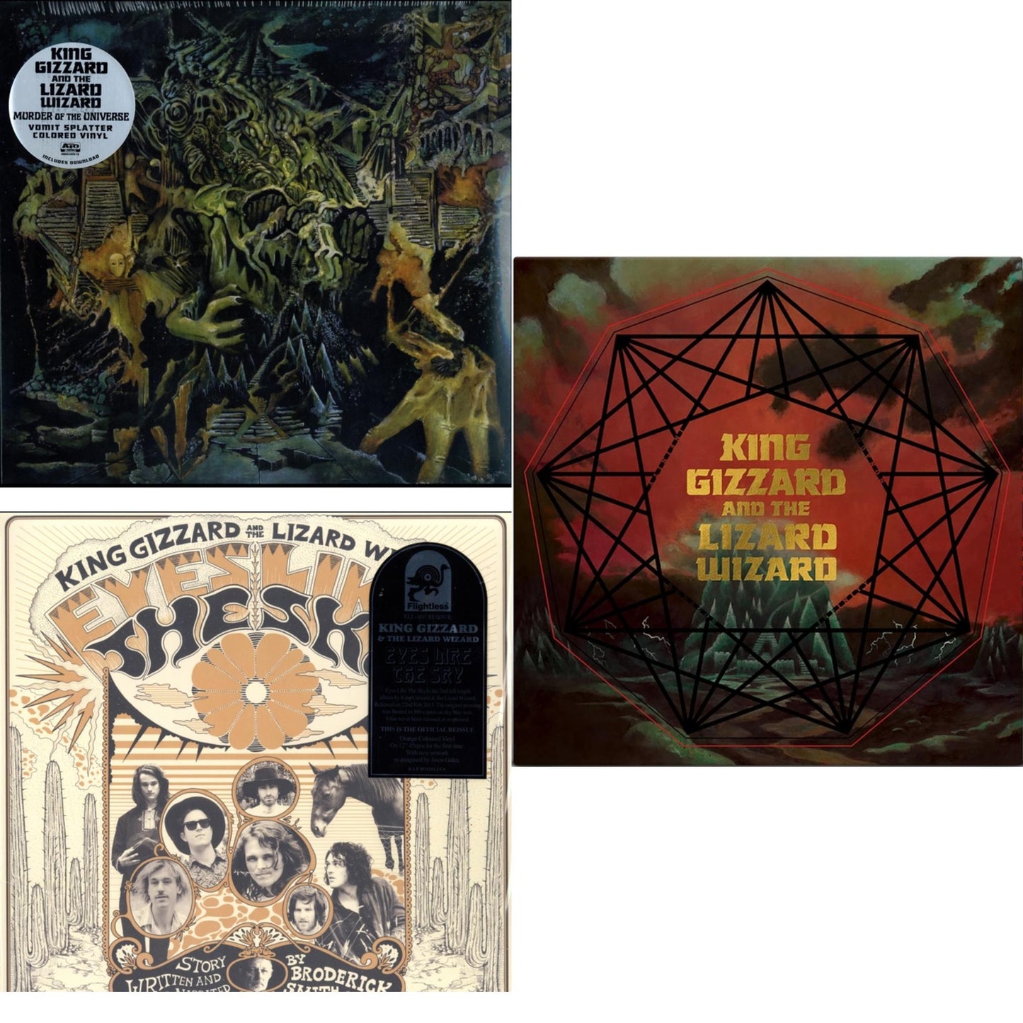 King Gizzard & The Lizard Wizard - Murder Of The Universe (Transparent Green W/Mustard Yelow Splatter LP Vinyl) & Eyes Likes The Sky (Peach LP Vinyl) & Nonagon Infinity (Alien Warp Drive Edition) (2LP/Coloured Vinyl)