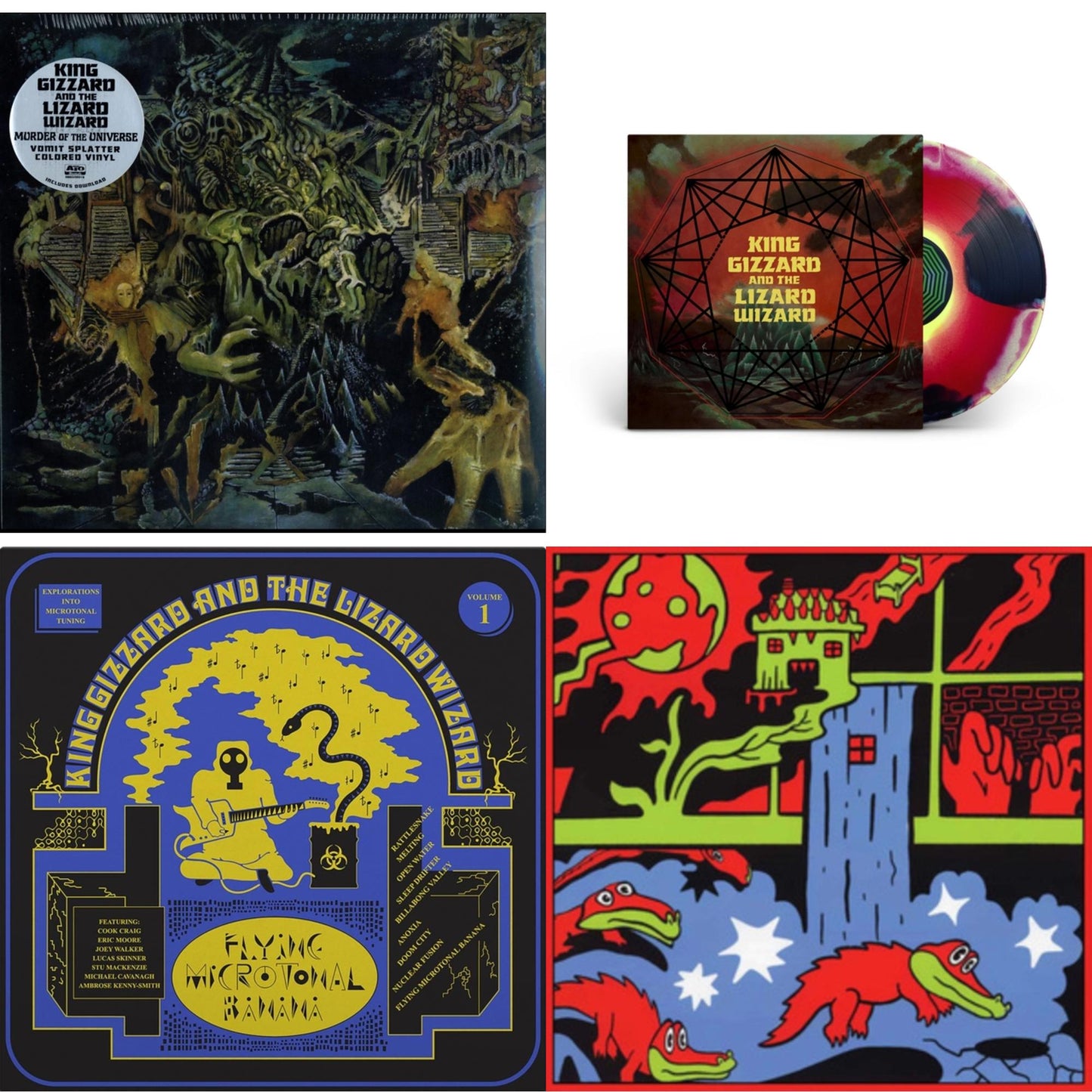 King Gizzard & The Lizard Wizard - Murder Of The Universe (Transparent Green W/Mustard Yelow Splatter LP Vinyl) & Nonagon Infinity (Yellow/Red/Black LP Vinyl) & Flying Microtonal Banana (Randomly Colored Recycled LP Vinyl) & Live In Paris '19 (Fuzz