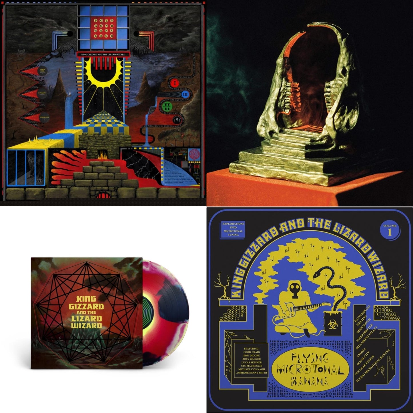 King Gizzard & The Lizard Wizard - Polygondwanaland & Infest The Rats' Nest (Red/Black LP Vinyl) & Nonagon Infinity (Yellow/Red/Black LP Vinyl) & Flying Microtonal Banana (Randomly Colored Recycled LP Vinyl)