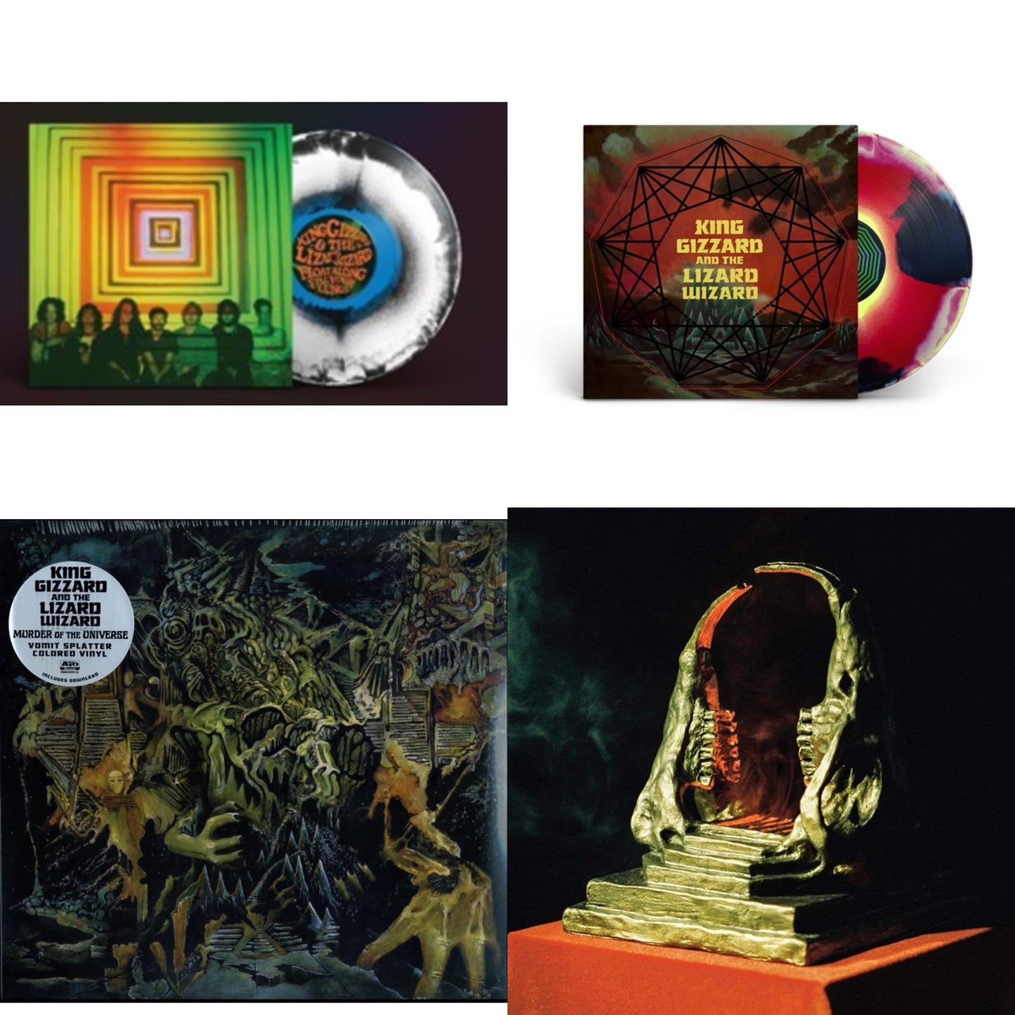 King Gizzard & The Lizard Wizard - Float Along - Fill Your Lungs (Venusian Sky Color LP Vinyl) & Nonagon Infinity (Yellow/Red/Black LP Vinyl) & Murder Of The Universe (Transparent Green W/Mustard Yelow Splatter LP Vinyl) & Infest The Rats' Nest