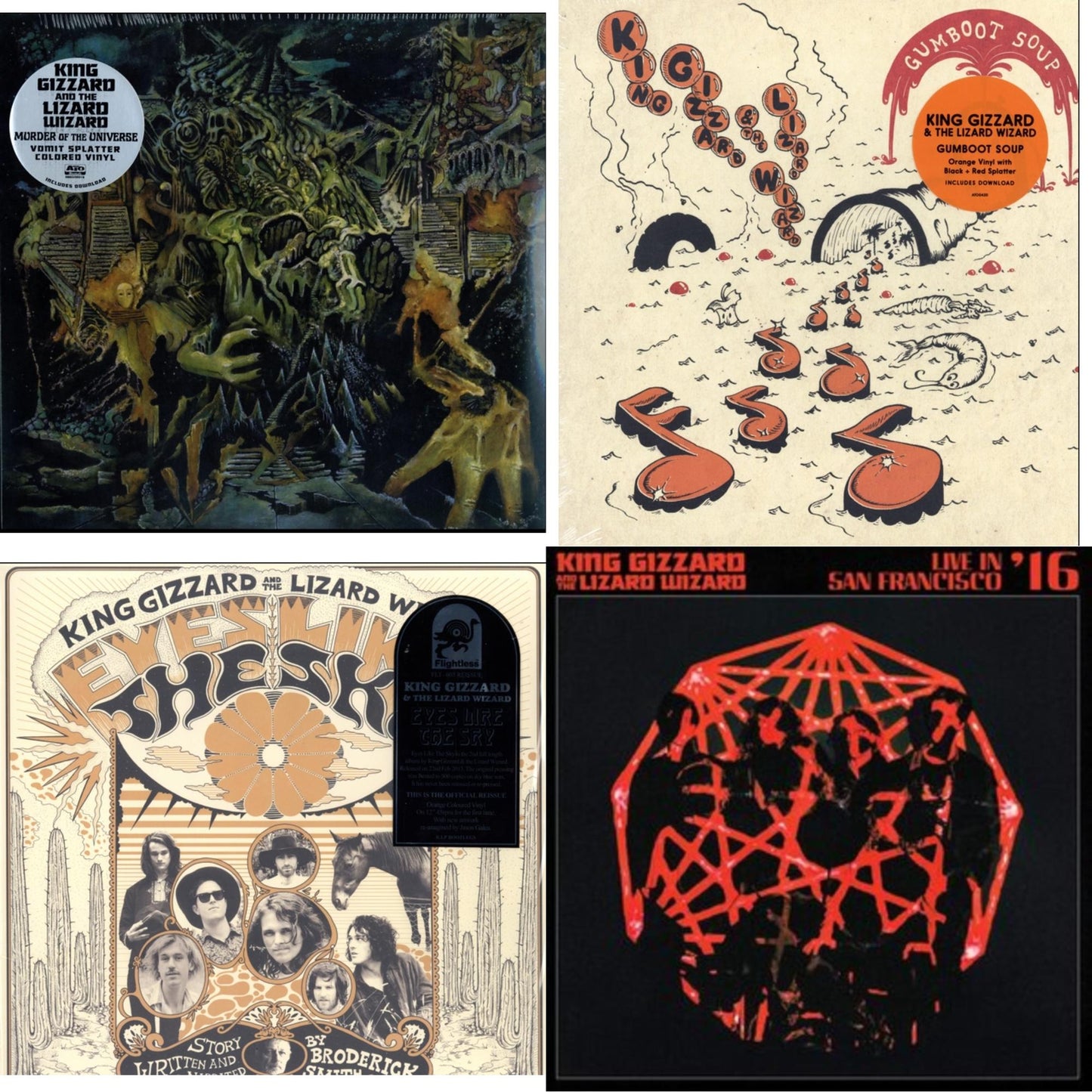 King Gizzard & The Lizard Wizard - Murder Of The Universe (Transparent Green W/Mustard Yelow Splatter LP Vinyl) & Gumboot Soup & Eyes Likes The Sky (Peach LP Vinyl) & Live In San Francisco '16 (Deluxe/2LP/Fog/Sunburst Vinyl)