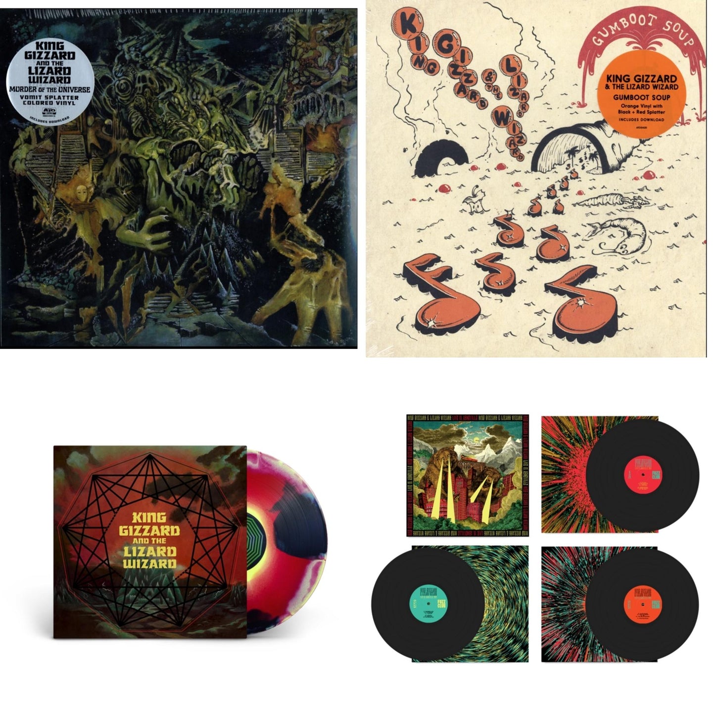King Gizzard & The Lizard Wizard - Murder Of The Universe (Transparent Green W/Mustard Yelow Splatter LP Vinyl) & Gumboot Soup & Nonagon Infinity (Yellow/Red/Black LP Vinyl) & Live In Adelaide '19 (Fuzz Club Official Bootleg)