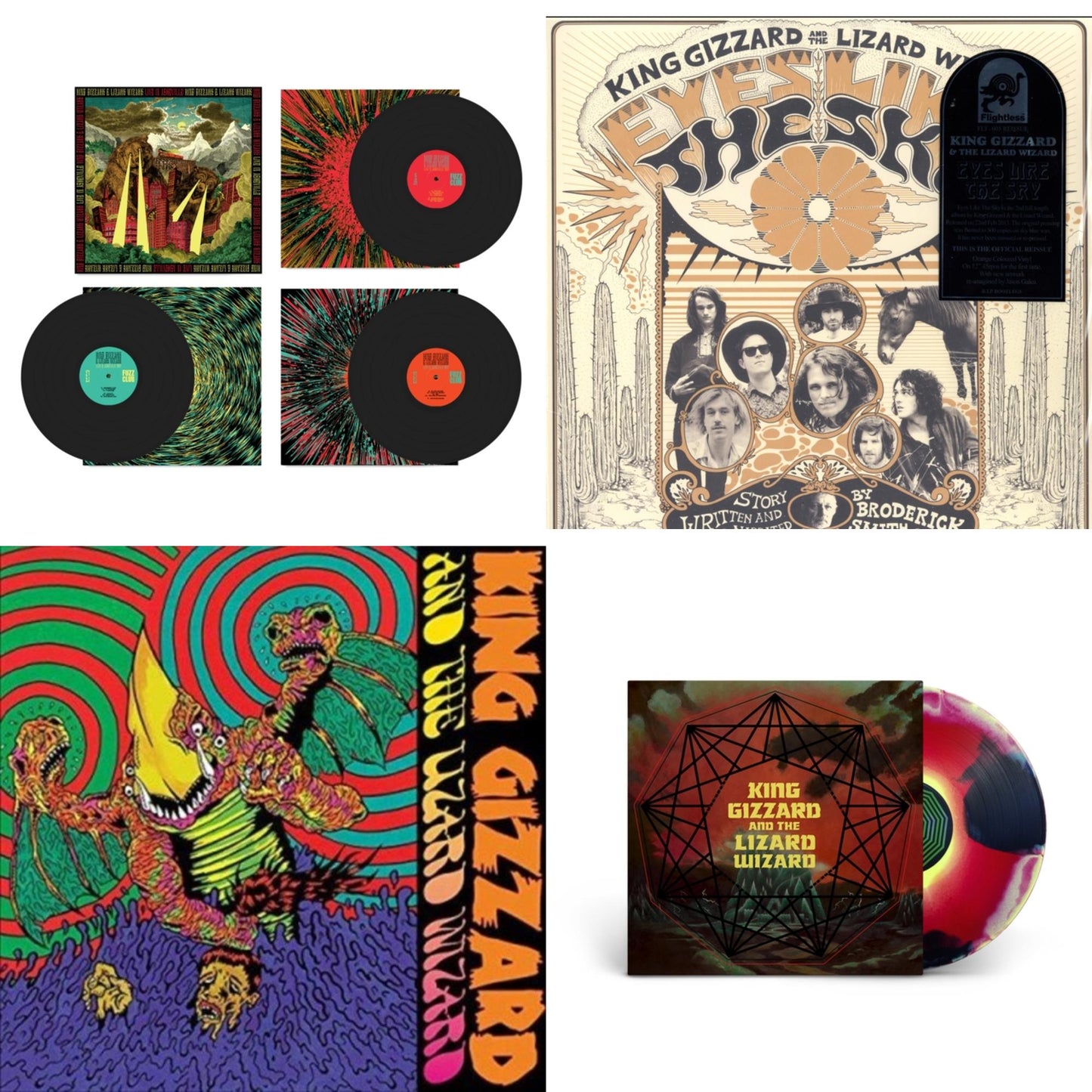 King Gizzard & The Lizard Wizard - Live In Adelaide '19 (Fuzz Club Official Bootleg) & Eyes Likes The Sky (Peach LP Vinyl) & Willoughby's Beach (Tangerine LP Vinyl) & Nonagon Infinity (Yellow/Red/Black LP Vinyl)