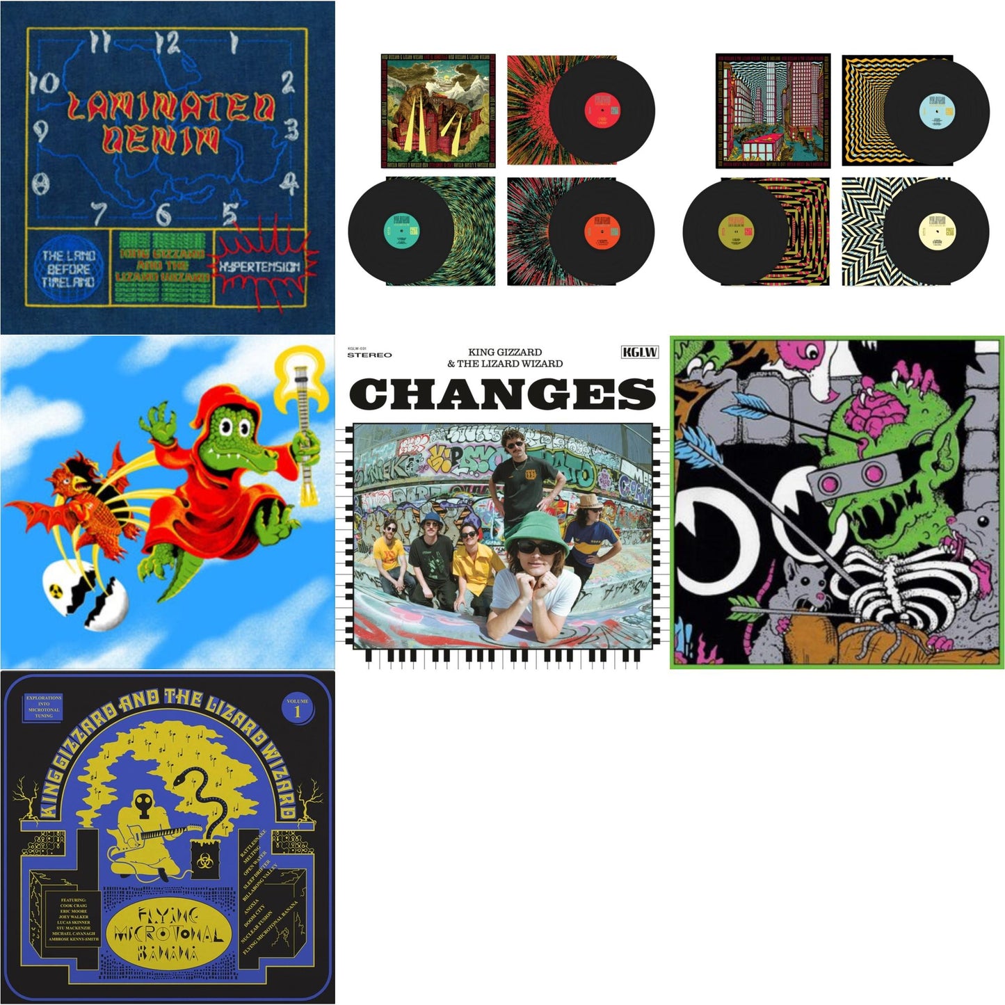 King Gizzard & The Lizard Wizard - Laminated Denim (Lucky Rainbow LP Vinyl) & Live In Adelaide '19 (Fuzz Club Official Bootleg) & Live In Asheville '19 (Fuzz Club Official Bootleg) & Live In Melbourne '21 (Yellow Vinyl/2LP) (I) & Changes (Recycled