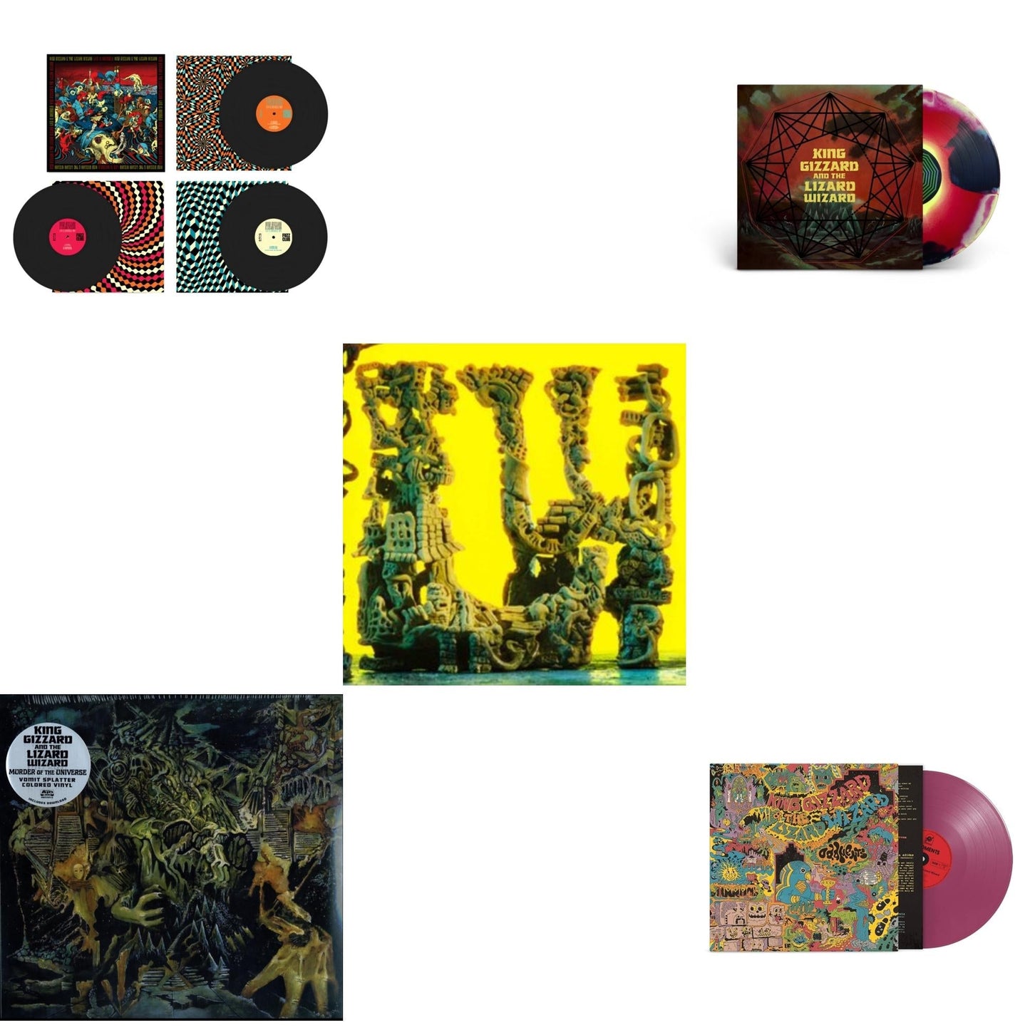 King Gizzard & The Lizard Wizard - Live In Brussels '19 (Fuzz Club Official Bootleg) & Murder Of The Universe (Transparent Green W/Mustard Yelow Splatter LP Vinyl) & L.W. & Nonagon Infinity (Yellow/Red/Black LP Vinyl) & Oddments (Plum LP Vinyl)