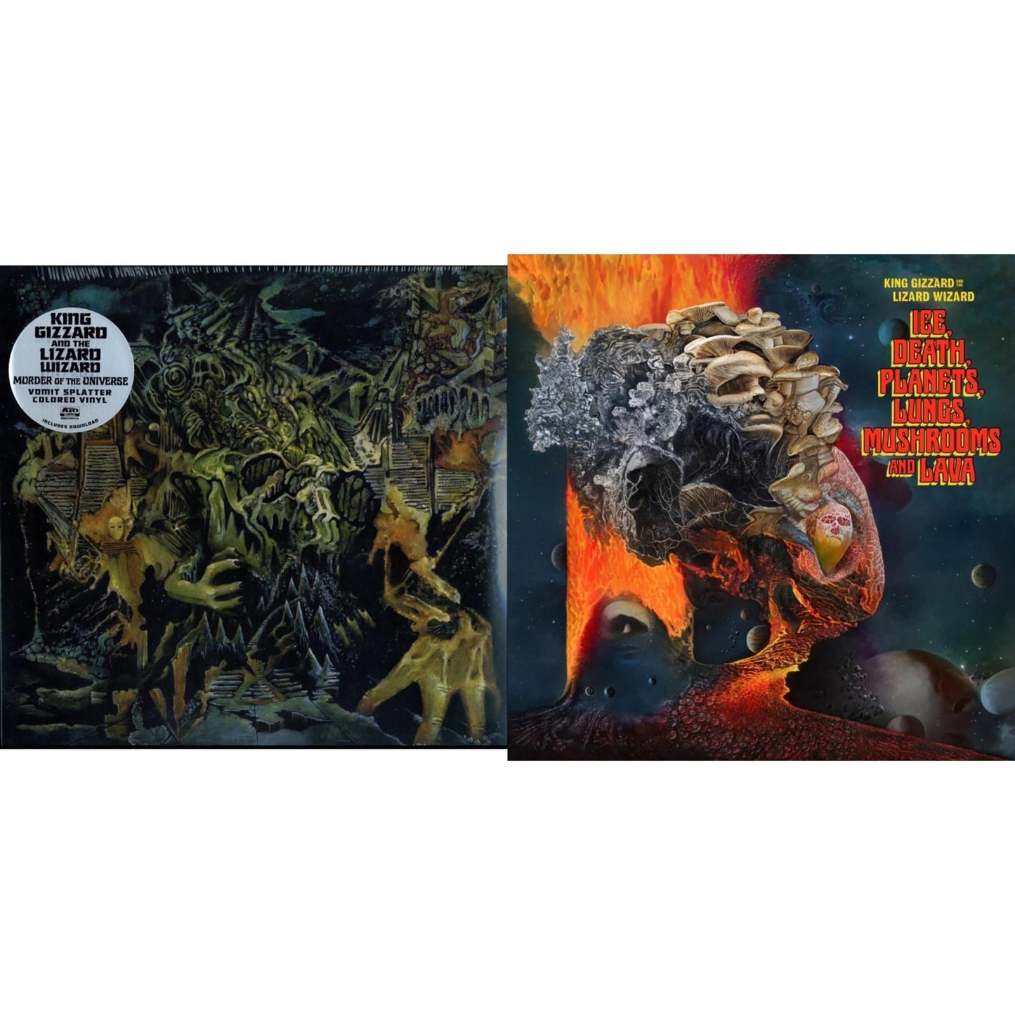 King Gizzard & The Lizard Wizard - Ice, Death, Planets, Lungs, Mushrooms & Lava (2LP/Recycled Black Wax Vinyl) & Murder Of The Universe (Transparent Green W/Mustard Yelow Splatter LP Vinyl)
