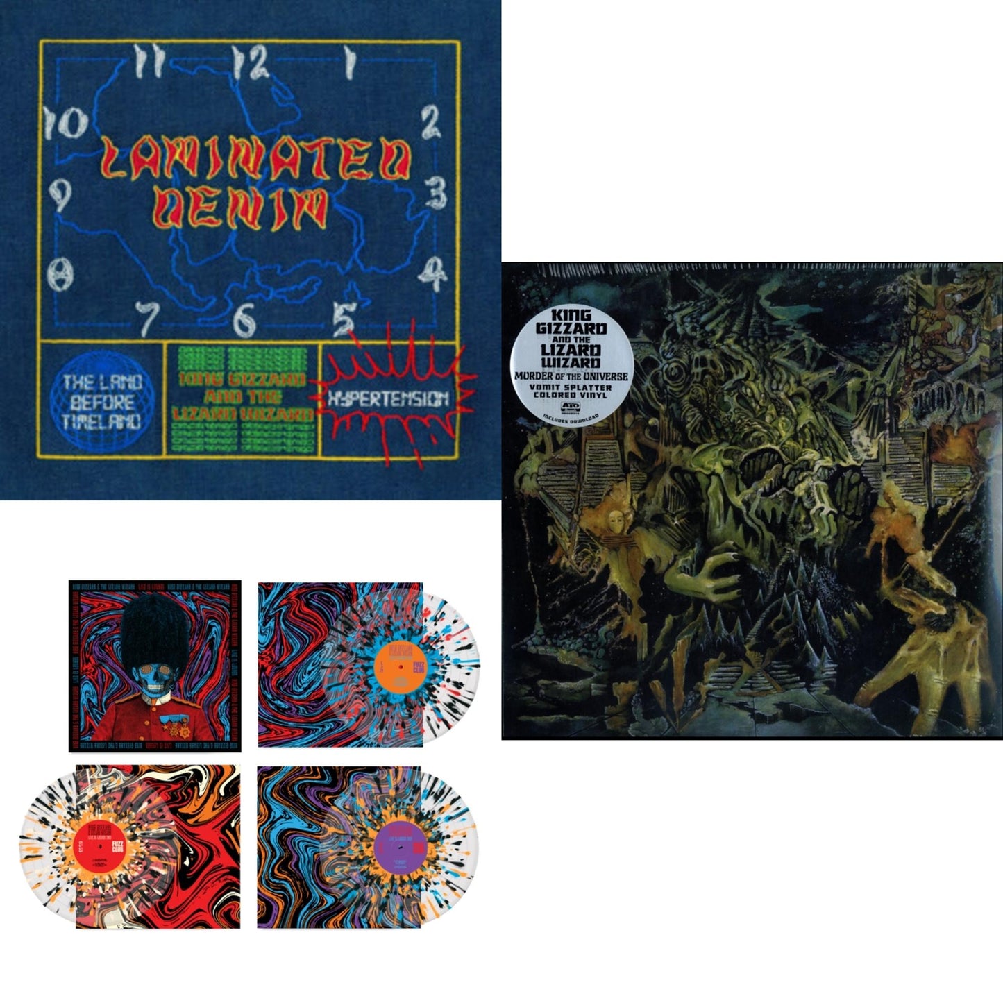 King Gizzard & The Lizard Wizard - Laminated Denim (Lucky Rainbow LP Vinyl) & Live In London '19 (Fuzz Club Official Bootleg) (Coloured LP Vinyl) & Murder Of The Universe (Transparent Green W/Mustard Yelow Splatter LP Vinyl)