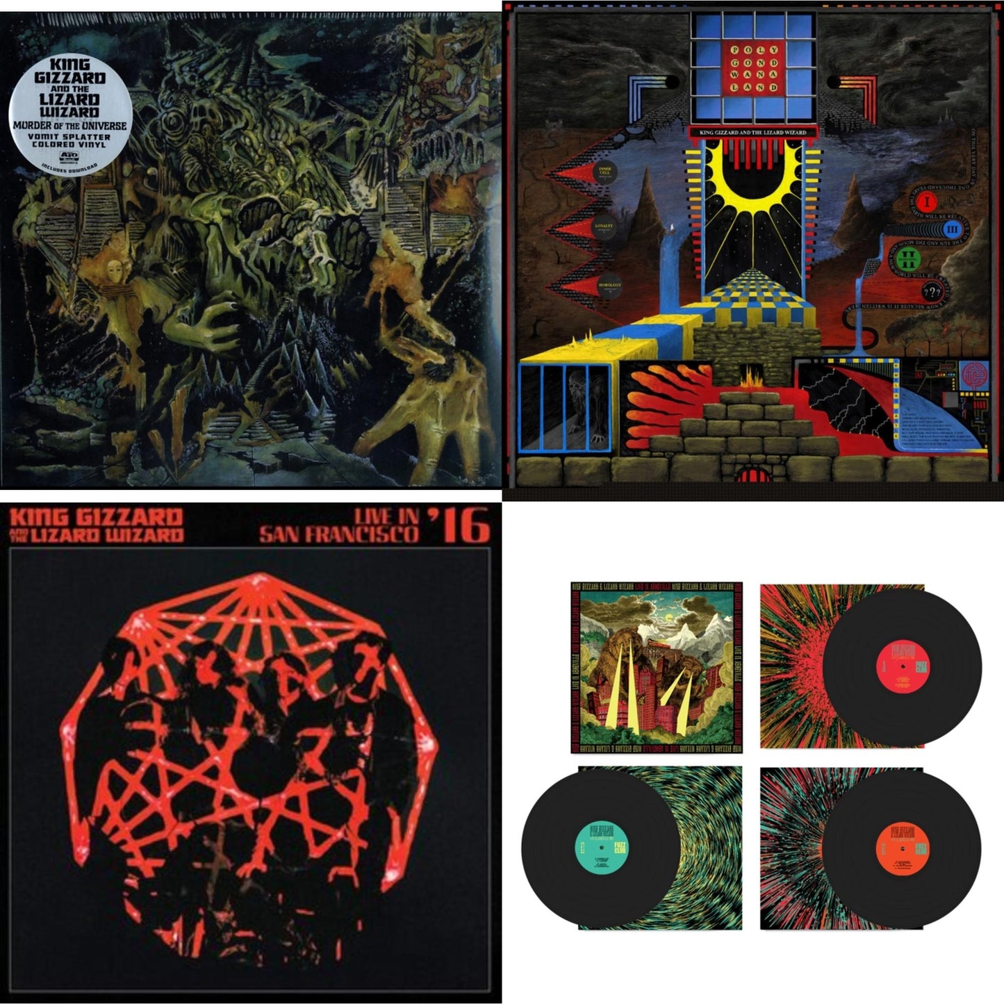 King Gizzard & The Lizard Wizard - Live In Adelaide '19 (Fuzz Club Official Bootleg) & Murder Of The Universe (Transparent Green W/Mustard Yelow Splatter LP Vinyl) & Polygondwanaland & Live In San Francisco '16 (Deluxe/2LP/Fog/Sunburst Vinyl)