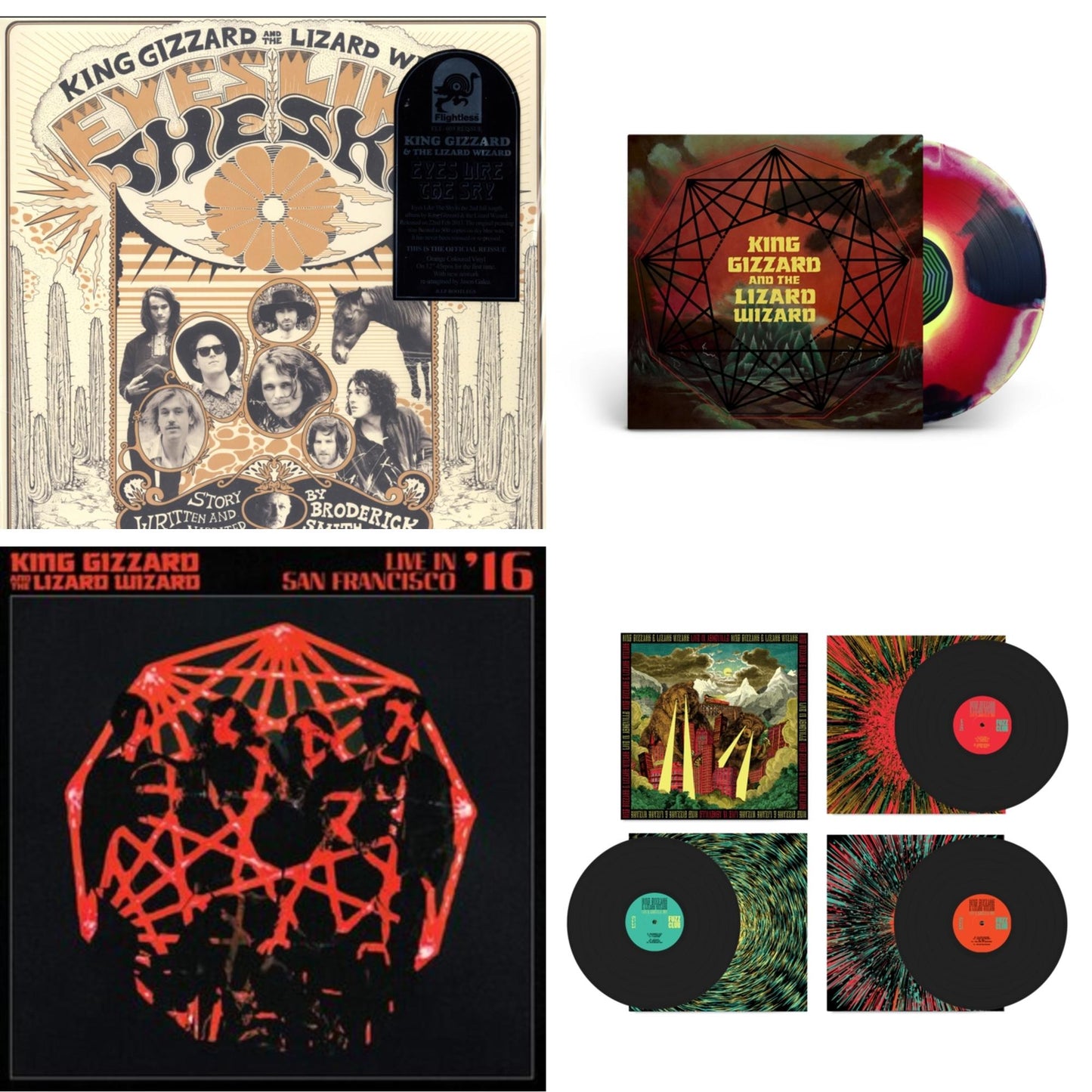 King Gizzard & The Lizard Wizard - Eyes Likes The Sky (Peach LP Vinyl) & Nonagon Infinity (Yellow/Red/Black LP Vinyl) & Live In San Francisco '16 (Deluxe/2LP/Fog/Sunburst Vinyl) & Live In Adelaide '19 (Fuzz Club Official Bootleg)