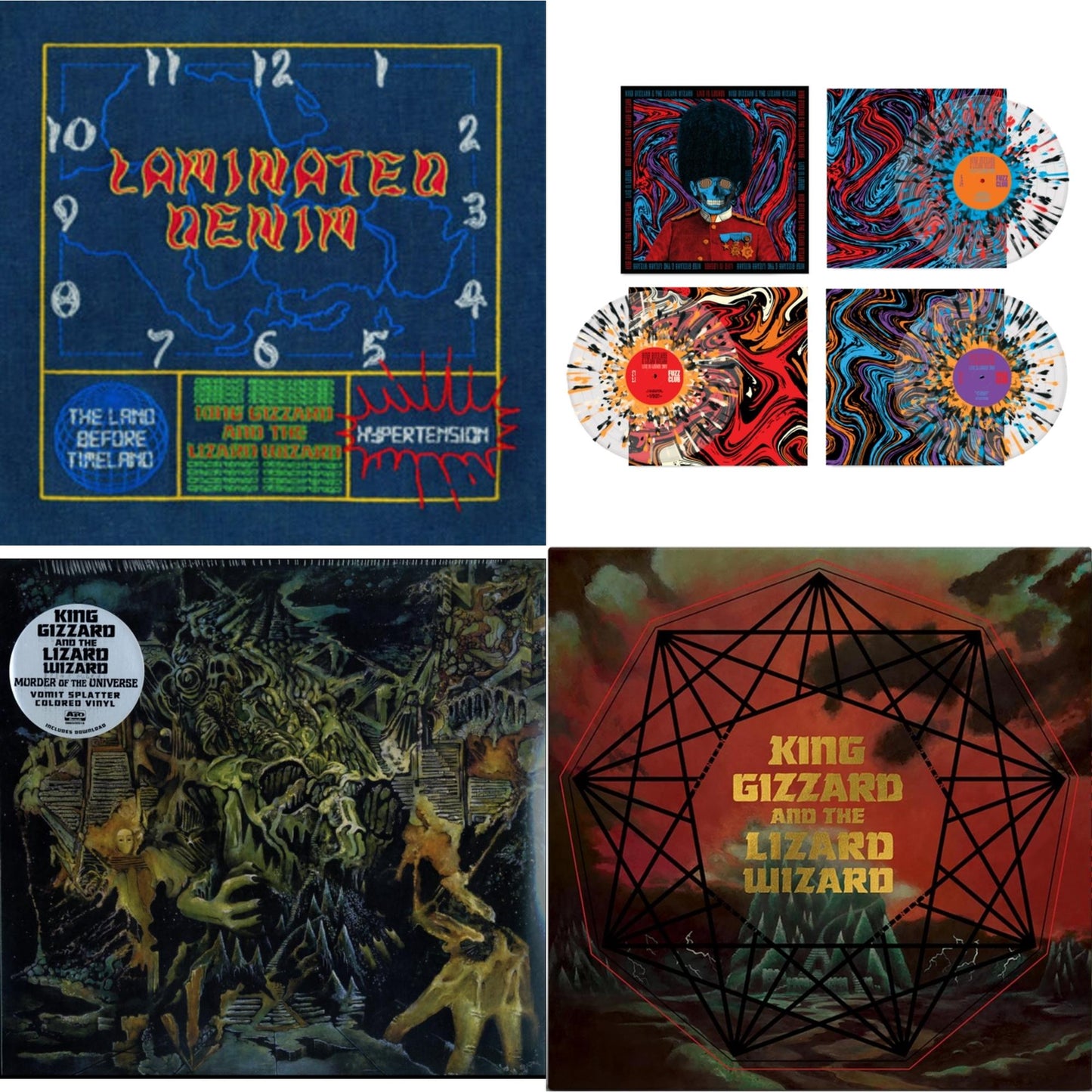 King Gizzard & The Lizard Wizard - Laminated Denim (Lucky Rainbow LP Vinyl) & Live In London '19 (Fuzz Club Official Bootleg) (Coloured LP Vinyl) & Murder Of The Universe (Transparent Green W/Mustard Yelow Splatter LP Vinyl) & Nonagon Infinity (Alien
