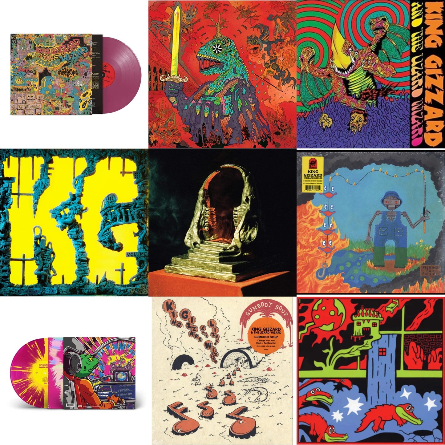 King Gizzard & The Lizard Wizard - Oddments (Plum LP Vinyl) & 12 Bar Bruise (Sea Foam Green LP Vinyl) & Willoughby's Beach (Tangerine LP Vinyl) & K.G. (X) & Infest The Rats' Nest (Red/Black LP Vinyl) & Fishing For Fishies (Green LP Vinyl) & Teenage