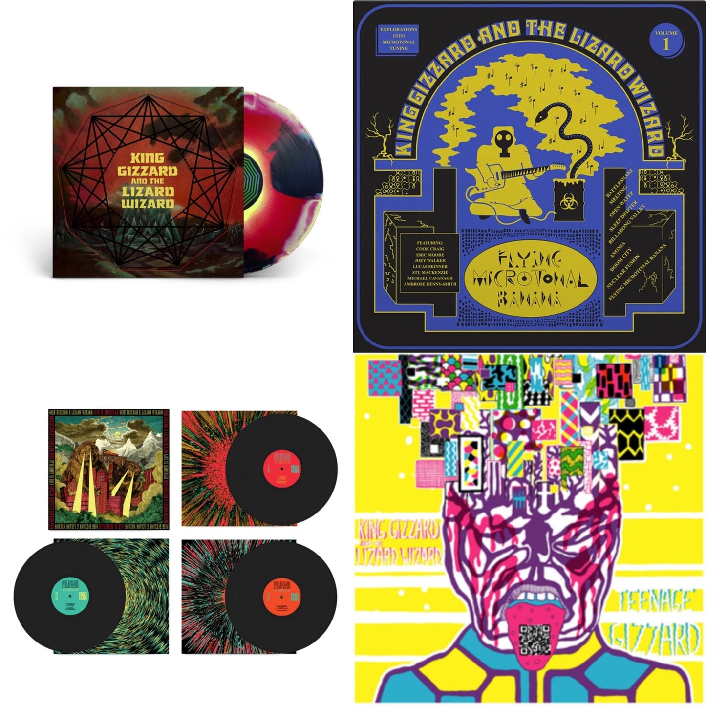 King Gizzard & The Lizard Wizard - Nonagon Infinity (Yellow/Red/Black LP Vinyl) & Flying Microtonal Banana (Randomly Colored Recycled LP Vinyl) & Live In Adelaide '19 (Fuzz Club Official Bootleg) & Teenage Gizzard (Fuzz Club Official Bootleg) (Deluxe