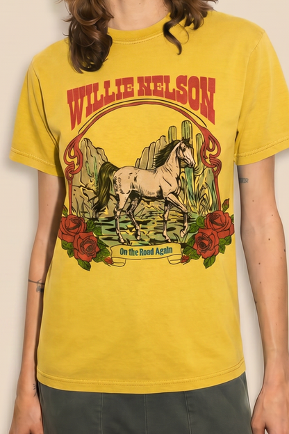 Willie Nelson Tobacco Leaf Tee Womens T Shirt Yellow Officially Licensed