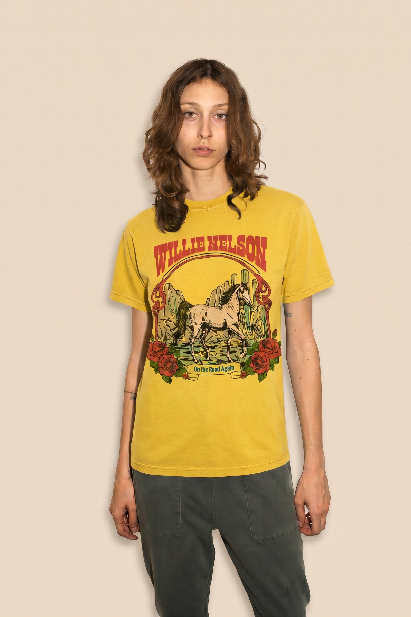 Willie Nelson Tobacco Leaf Tee Womens T Shirt Yellow Officially Licensed