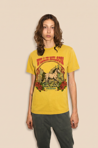 Willie Nelson Tobacco Leaf Tee Womens T Shirt Yellow Officially Licensed