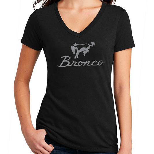 Ford Bronco Script Ladies Womens V-Neck T Shirt Black