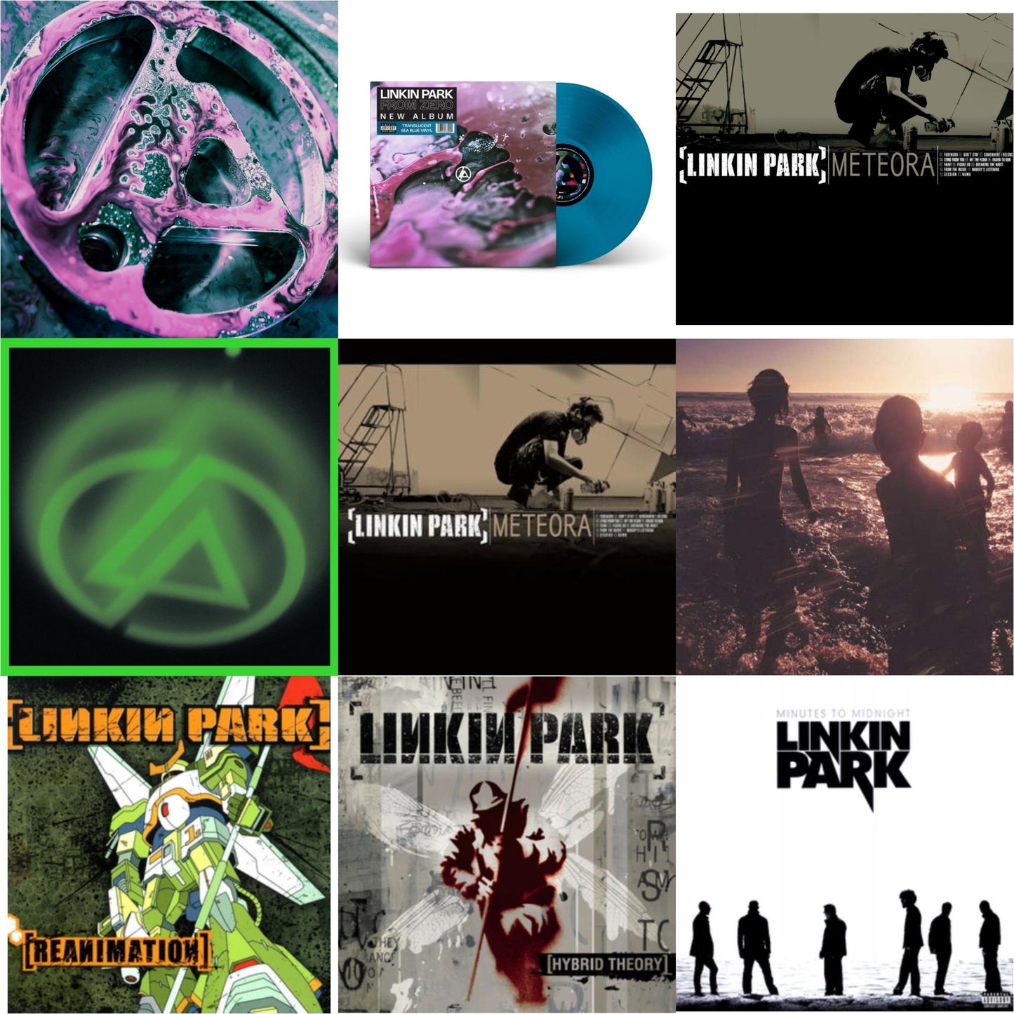 Linkin Park - From Zero (Deluxe/2LP/Translucent Emerald Green Vinyl) & From Zero (Translucent Sea Blue LP Vinyl) & Meteora (Marbled LP Vinyl) & Papercuts (2LP) & Meteora & One More Light & Reanimation & Hybrid Theory & Minutes To Midnight