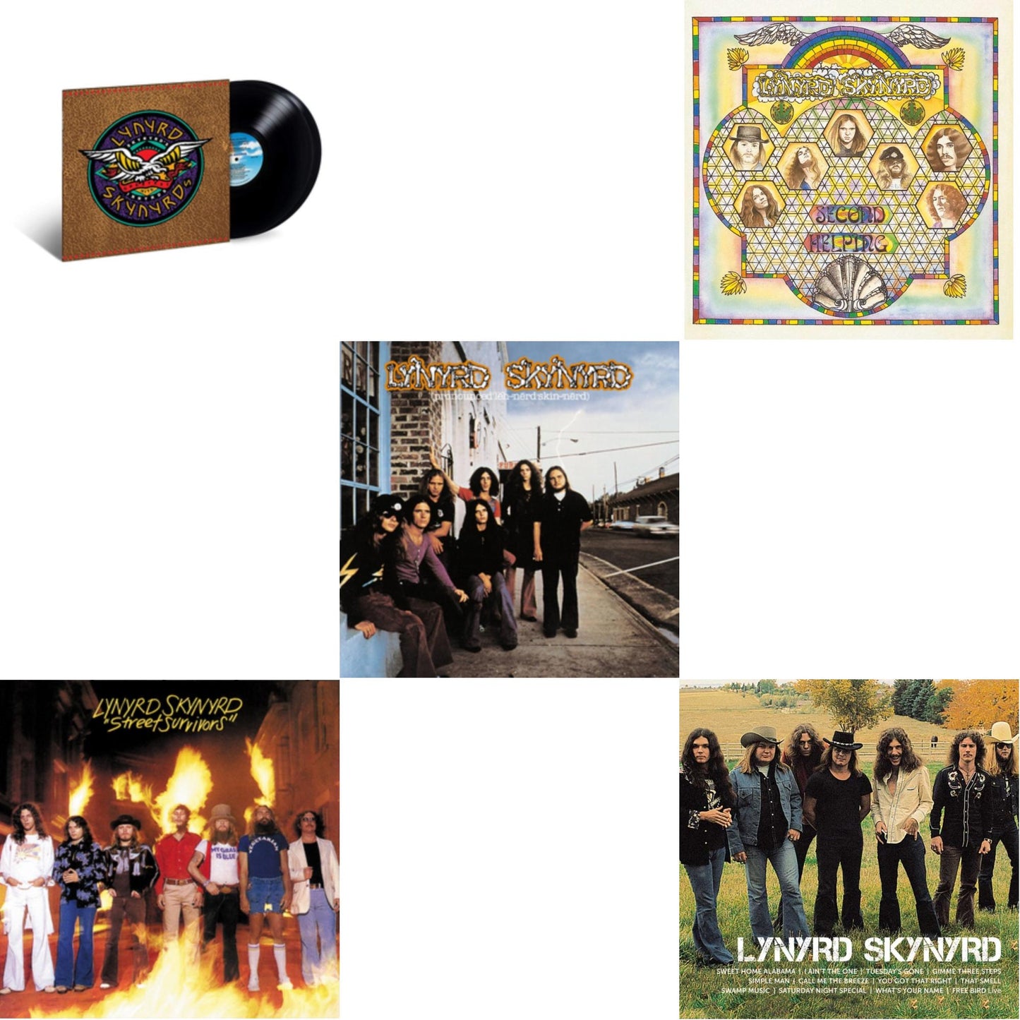 Lynyrd Skynyrd - Pronounced Leh-Nerd Skin-Nerd & Second Helping & Street Survivors & Icon & Skynyrd's Innyrds (Their Greatest Hits) - LP Vinyl Bundle