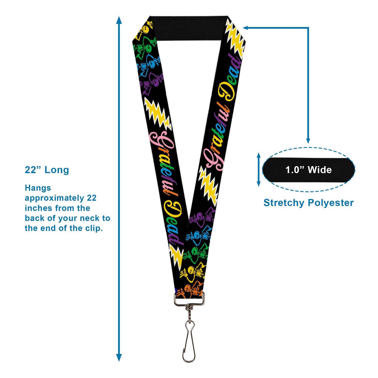 Grateful Dead Script With Bears and Skeletons Black Lanyard