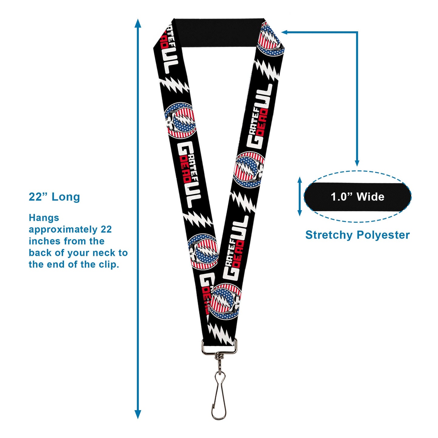 Grateful Dead Text with Steal Your Face Stars and Stripes Lanyard