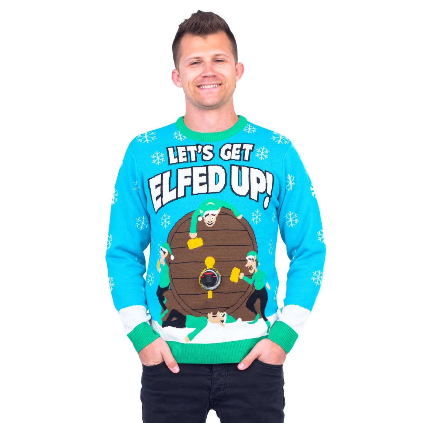 Funny Ugly Christmas Sweater Beverage Dispenser Elfed Up Blitzen's Santa Jingle Juice Knitted Pullover