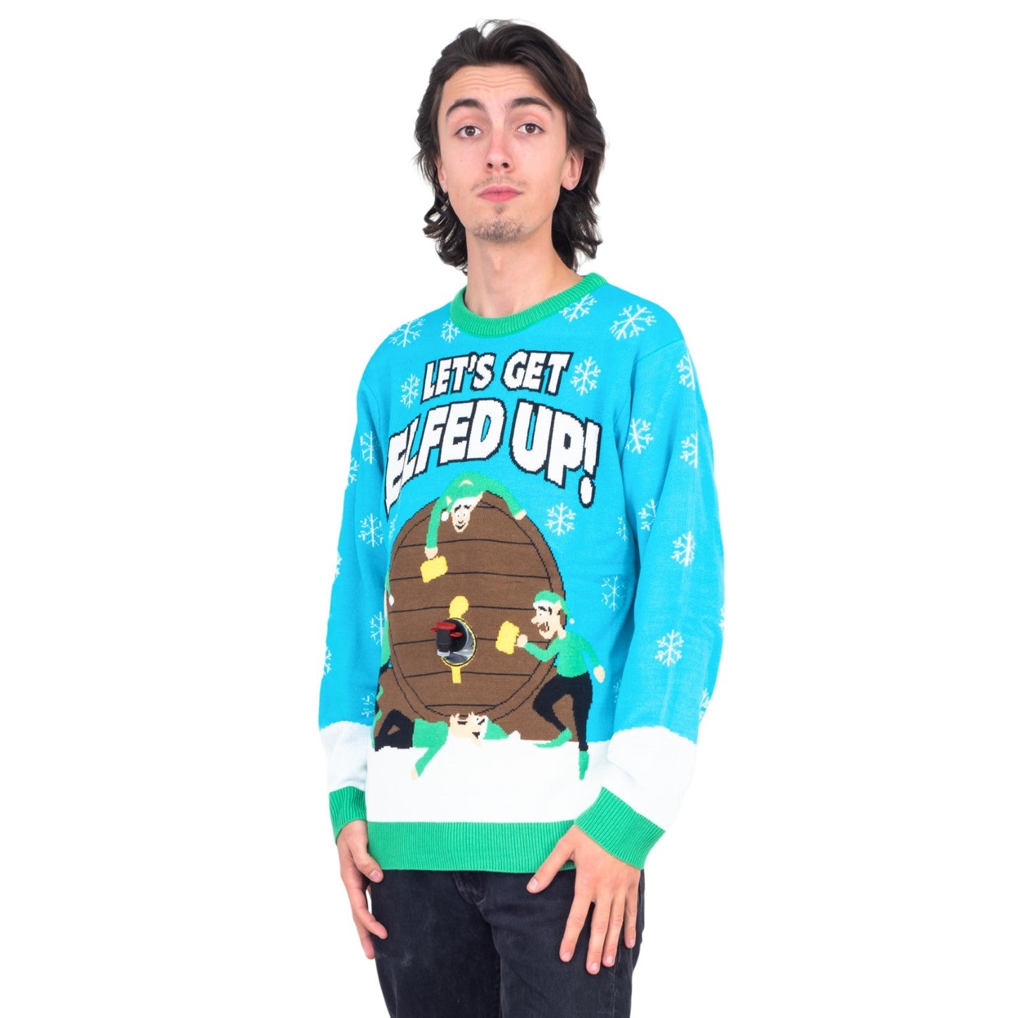 Funny Ugly Christmas Sweater Beverage Dispenser Elfed Up Blitzen's Santa Jingle Juice Knitted Pullover