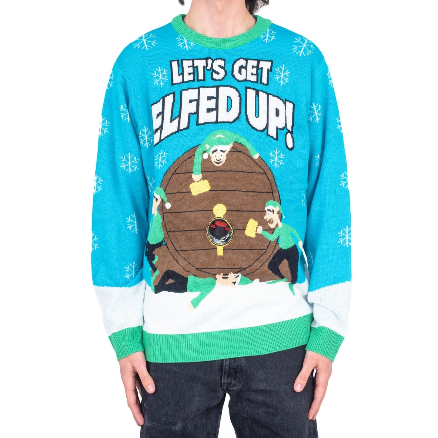 Funny Ugly Christmas Sweater Beverage Dispenser Elfed Up Blitzen's Santa Jingle Juice Knitted Pullover
