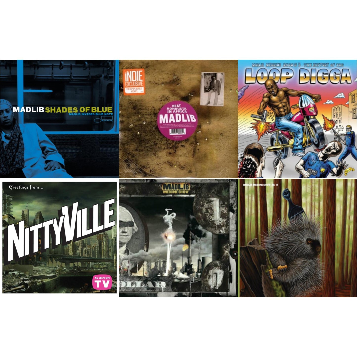 Madlib - Shades Of Blue (Blue Note Classic Vinyl Series) (2LP) & Medicine Show #3 - Beat Konducta In Africa (2LP/Deep Purple Vinyl) (I) & Medicine Show No. 5 - History Of The Loop Digga: 1990-2000 (2LP/Sky Blue Vinyl) (I) & Channel 85 Presents