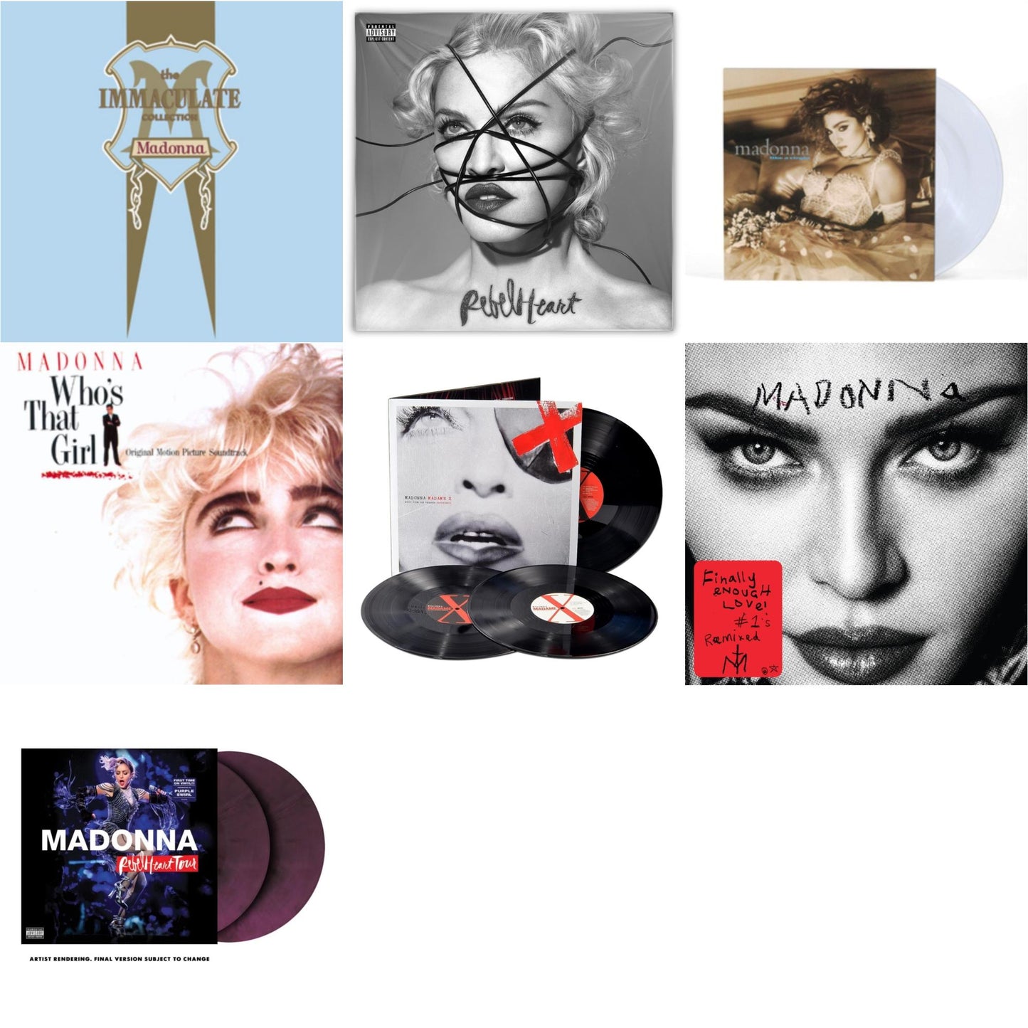 Madonna - Rebel Heart Tour (X) (Purple Galaxy Swirl Vinyl/2LP) & Rebel Heart & Madame X (Live) (3LP) & Finally Enough Love (2LP) & Like A Virgin & Immaculate Collection (2LP) & Who's That Girl Ost (Back 2 The 80S) (I)
