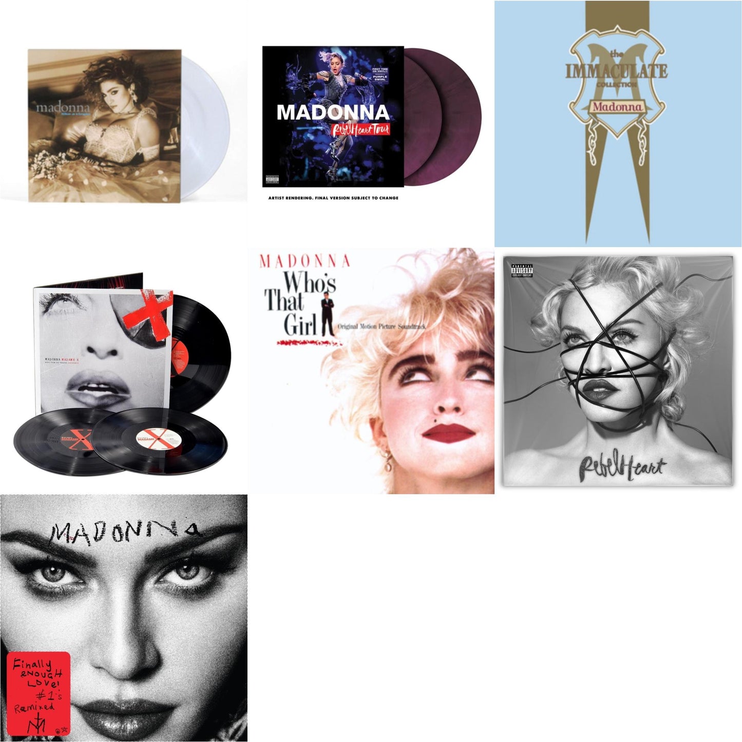 Madonna - Rebel Heart Tour (X) (Purple Galaxy Swirl Vinyl/2LP) & Rebel Heart & Madame X (Live) (3LP) & Finally Enough Love (2LP) & Like A Virgin & Immaculate Collection (2LP) & Who's That Girl Ost (Back 2 The 80S) (I)
