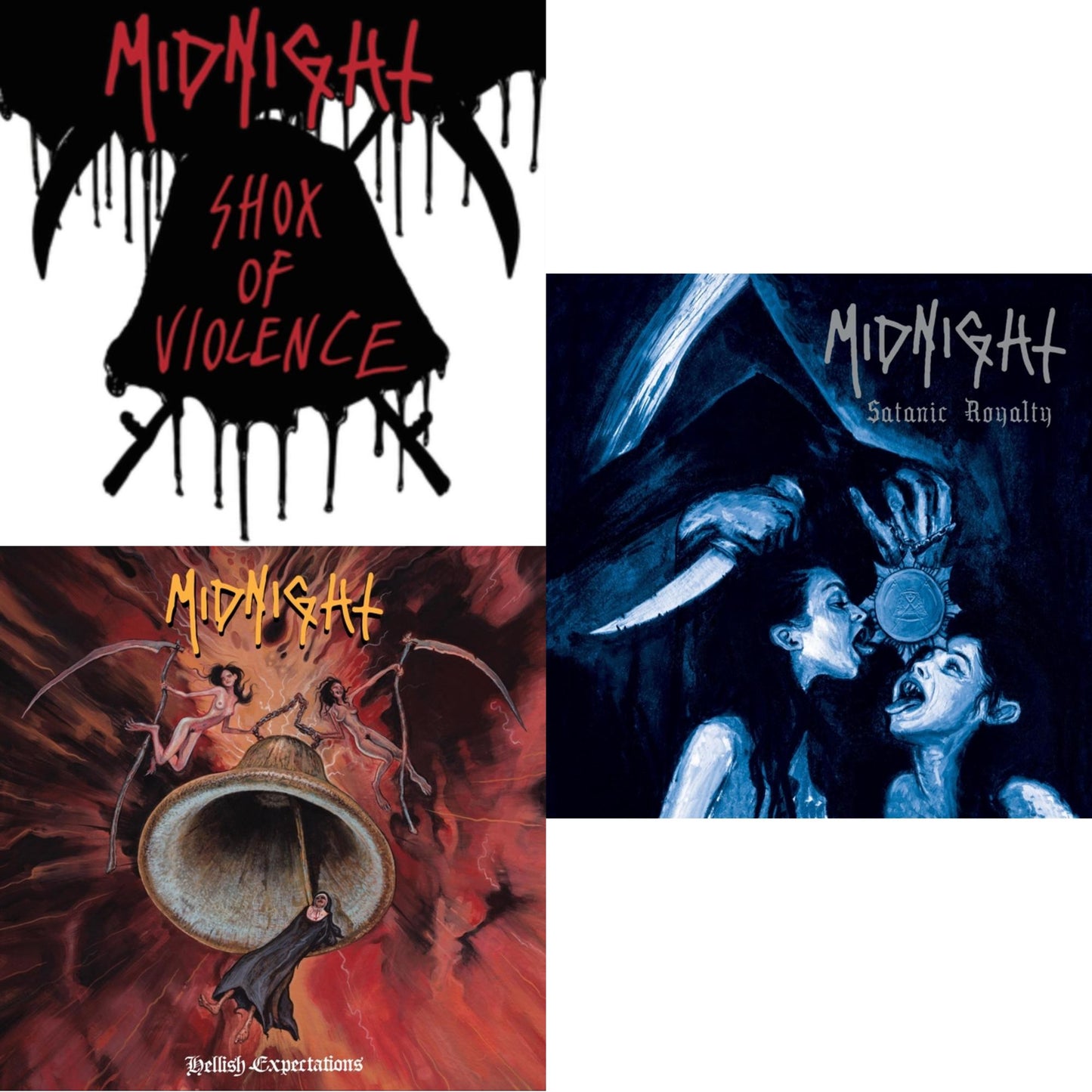 Midnight - Satanic Royalty (Aqua Blue & Black Melt LP Vinyl) & Shox Of Violence (2LP) & Hellish Expectations (Sangria LP Vinyl)