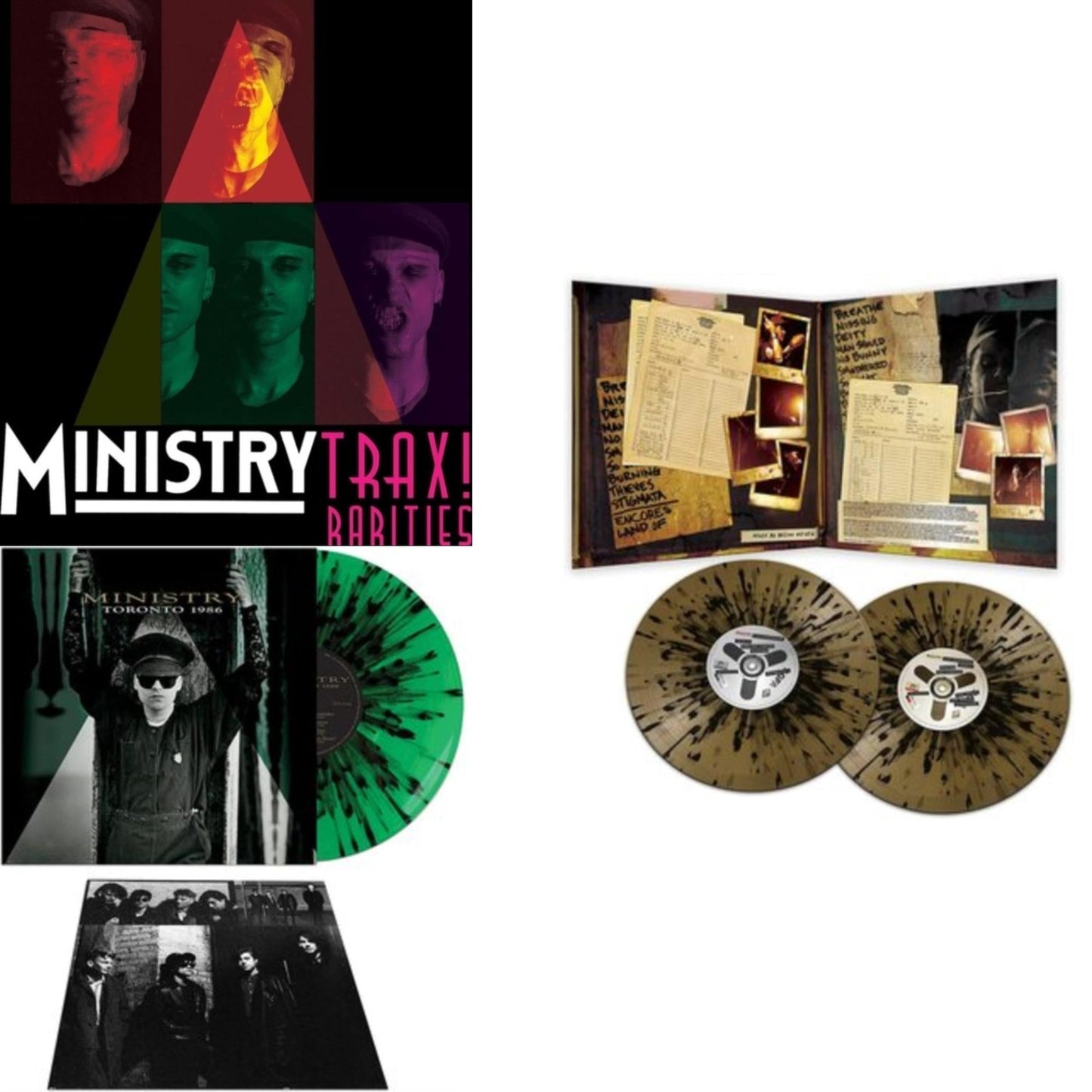 Ministry - Toronto 1986 (Green & Black Splatter LP Vinyl) & Live Necronomicon (Black & Gold Splatter Vinyl/2LP) & Trax Rarities (Black/White/Magenta Splatter LP Vinyl)