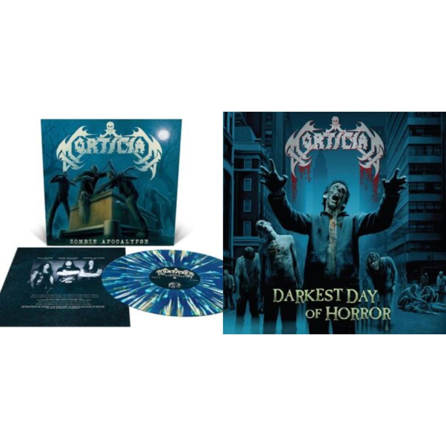Mortician - Zombie Apocalypse (Sea Blue With White, Bone White & Gold Splatter LP Vinyl) & Darkest Day Of Horror (Sea Blue With Splatter  LP Vinyl)