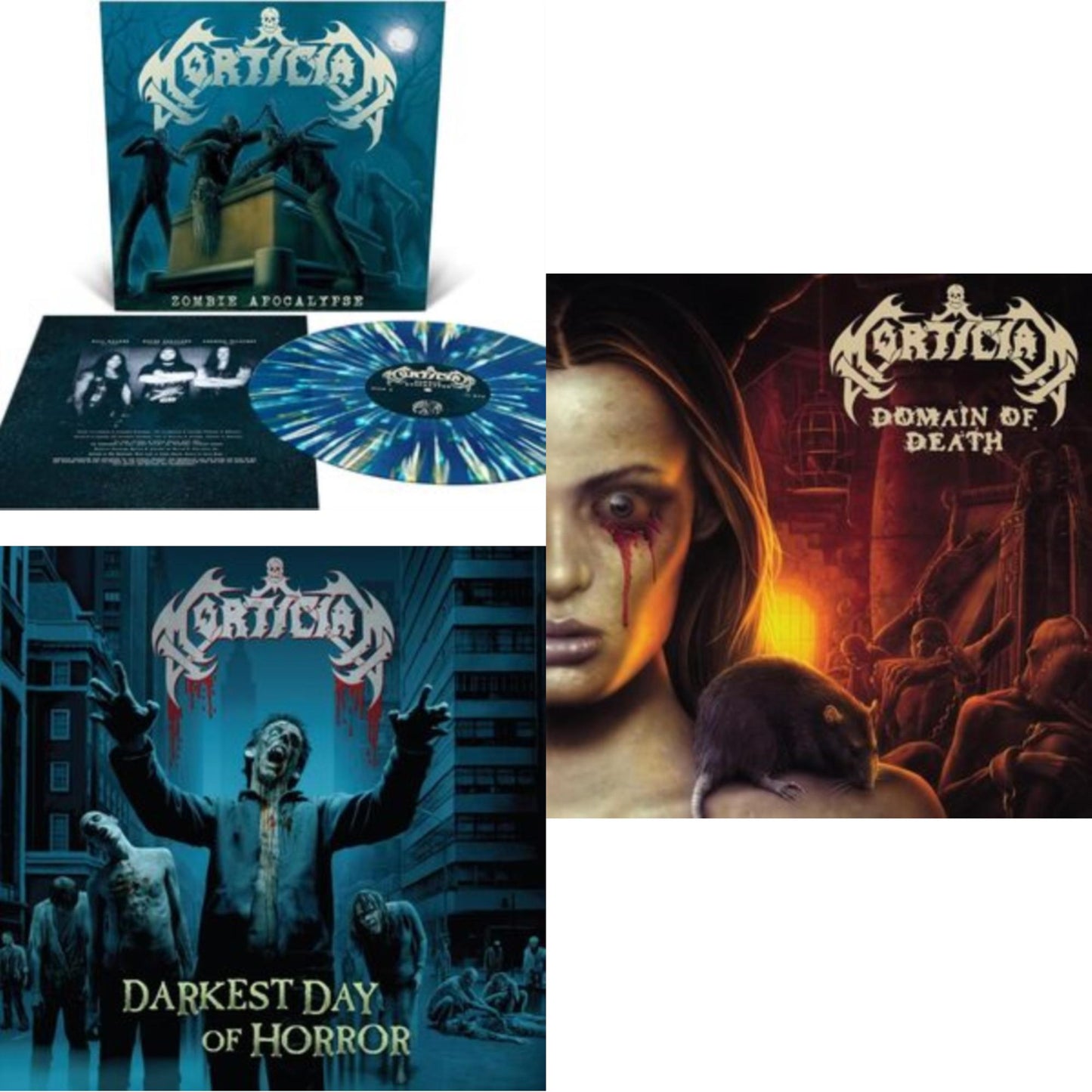 Mortician - Zombie Apocalypse (Sea Blue With White, Bone White & Gold Splatter LP Vinyl) & Domain Of Death (Orange Krush LP Vinyl) & Darkest Day Of Horror (Sea Blue With Splatter  LP Vinyl)