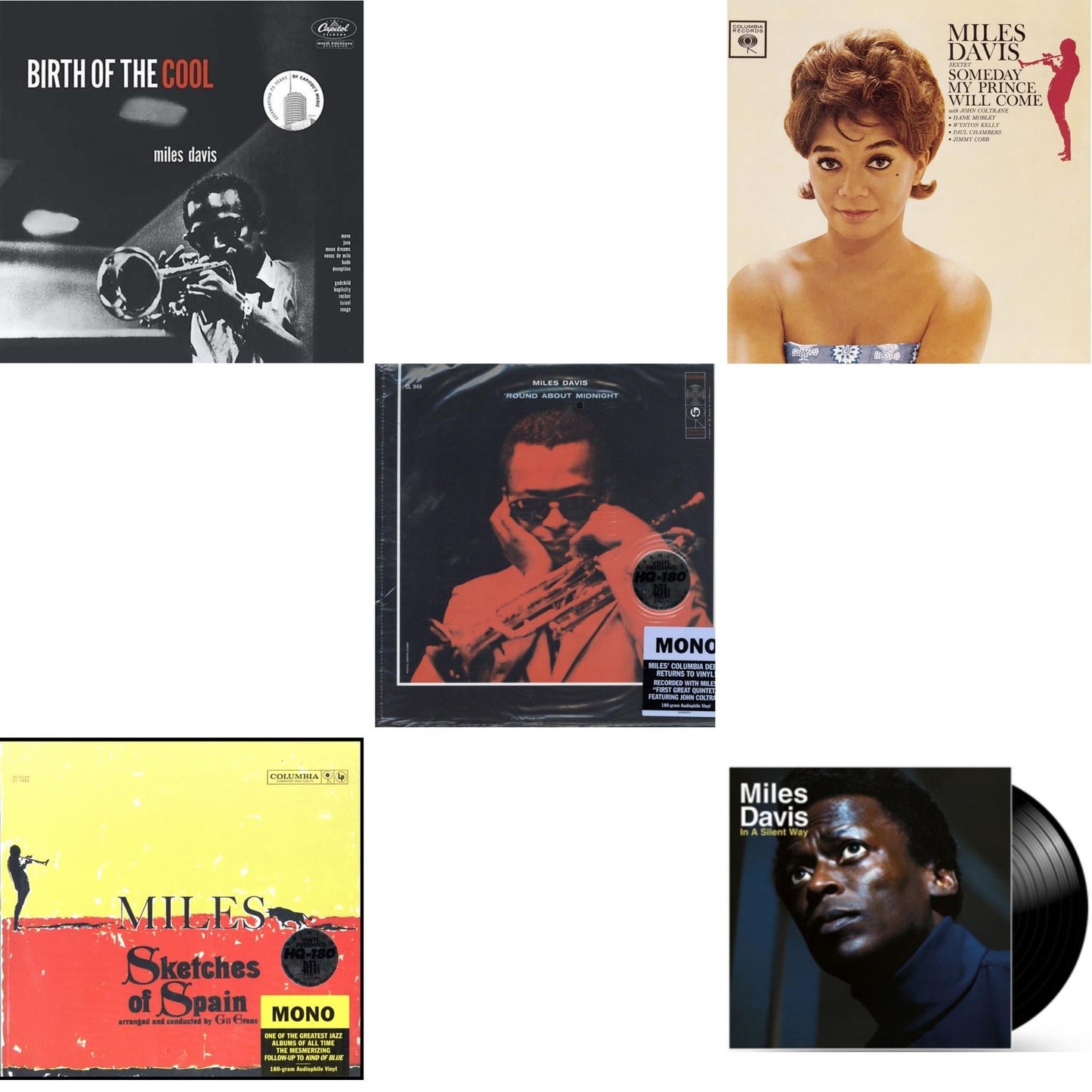 Miles Davis - Birth Of The Cool & Sketches Of Spain (Mono) & Round About Midnight (180G/Mono) & Someday My Prince Will Come (180G) & In A Silent Way - LP Vinyl Bundle