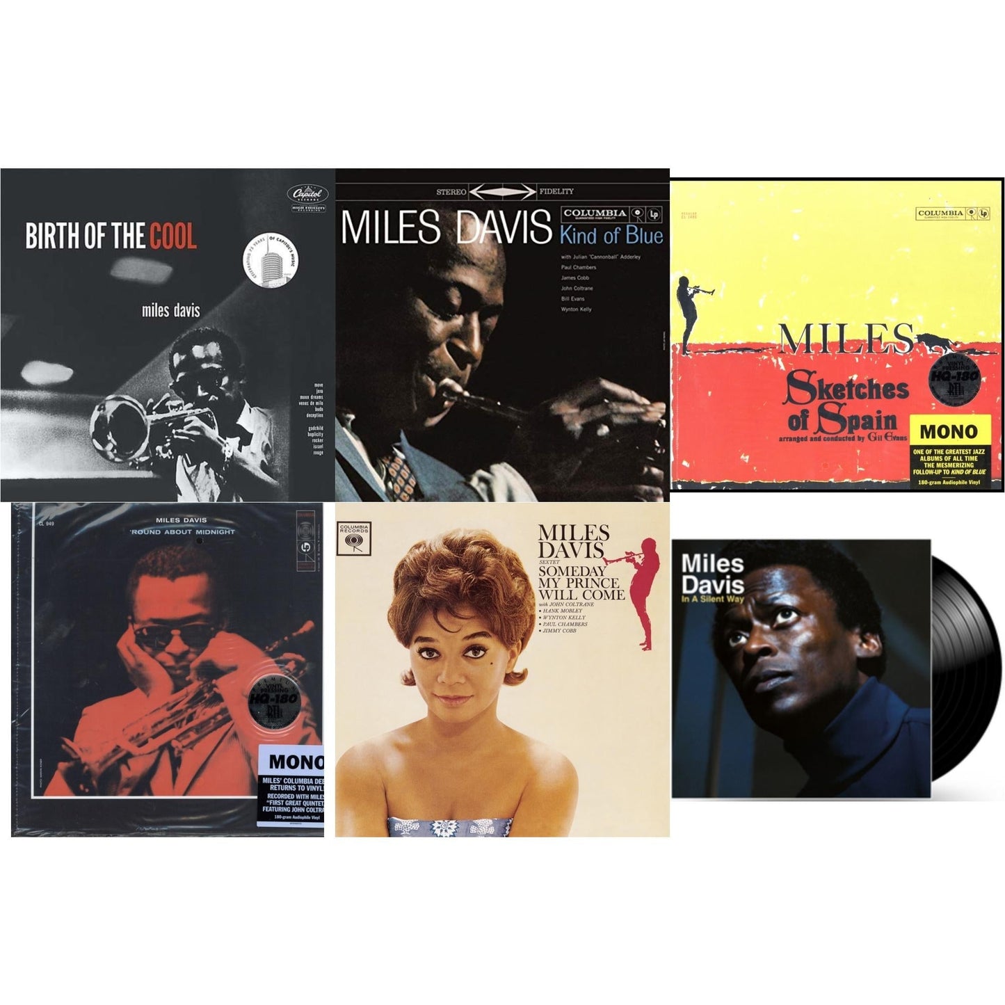 Miles Davis - Birth Of The Cool & Kind Of Blue (180G) & Sketches Of Spain (Mono) & Round About Midnight (180G/Mono) & Someday My Prince Will Come (180G) & In A Silent Way - LP Vinyl Bundle
