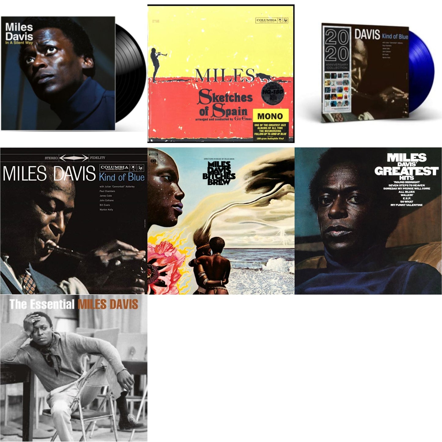 Miles Davis - Bitches Brew (2LP/140G) & Kind Of Blue (180G) & Sketches Of Spain (Mono) & In A Silent Way & Kind Of Blue (Blue LP Vinyl) & Essential Miles Davis (2LP) & Greatest Hits (1969) (150G/Dl Code)