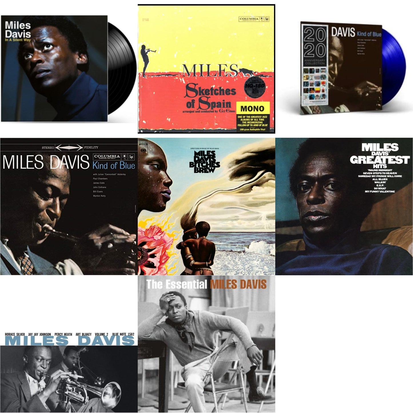 Miles Davis - Bitches Brew (2LP/140G) & Volume 2 (Blue Note Classic LP Vinyl Series) & Kind Of Blue (180G) & Sketches Of Spain (Mono) & In A Silent Way & Kind Of Blue (Blue LP Vinyl) & Essential Miles Davis (2LP) & Greatest Hits (1969) (150G/Dl Code)