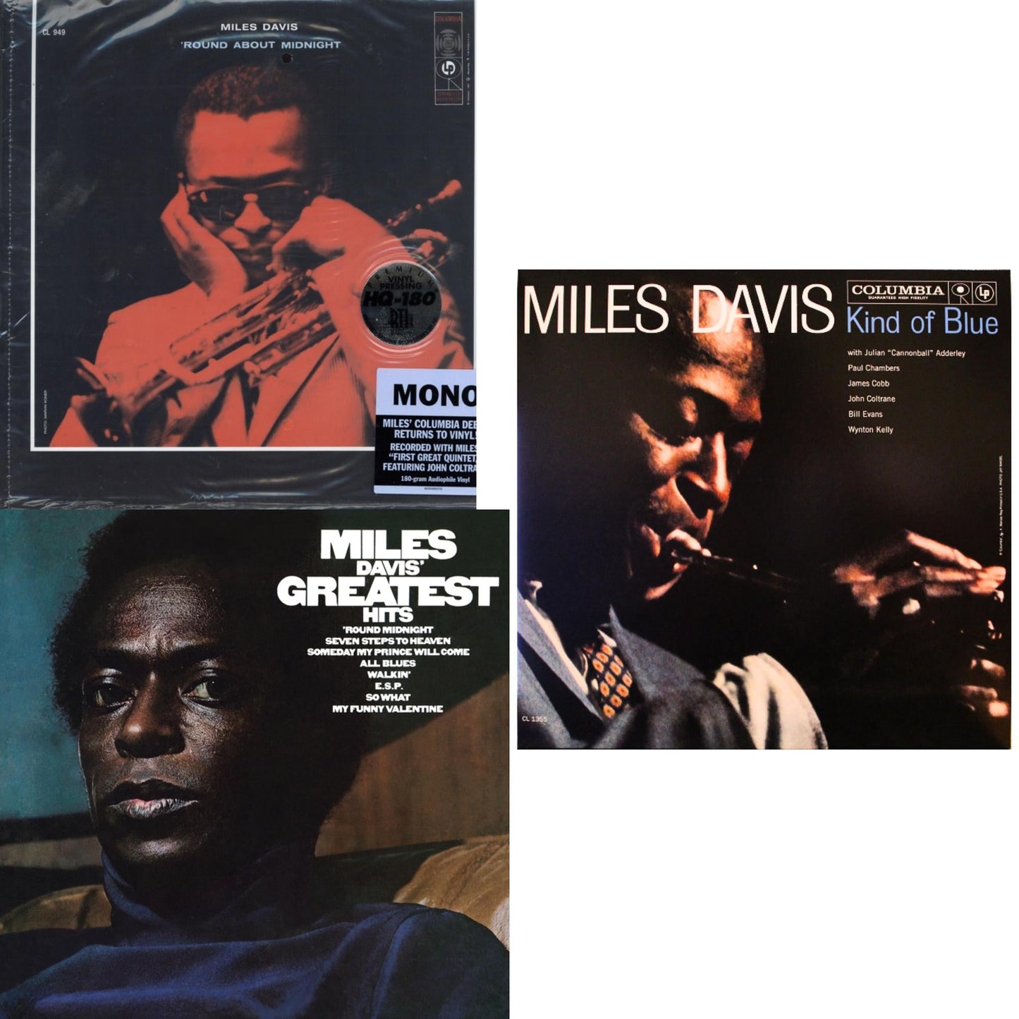 Miles Davis - Round About Midnight (180G/Mono) & Kind Of Blue (Mono) & Greatest Hits (1969) (150G/Dl Code) - LP Vinyl Bundle
