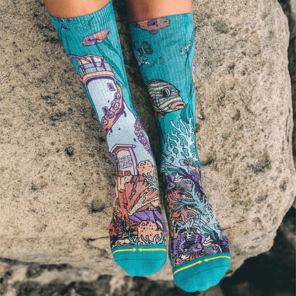 PangeaSeed Sea Walls Adult Crew MERGE4 Socks With Art By Taylor Reinhold