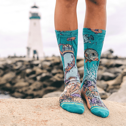 PangeaSeed Sea Walls Adult Crew MERGE4 Socks With Art By Taylor Reinhold