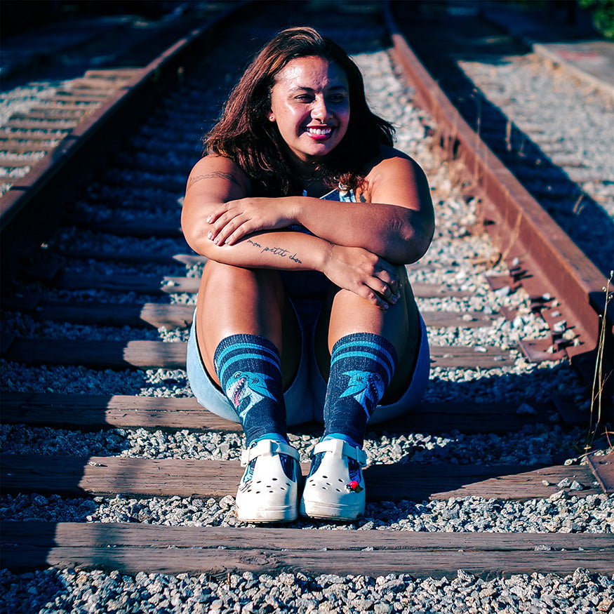 Sharks Art By Skateboarding Hall of Famer Steve Caballero & Hanna Minck Adult Crew Socks