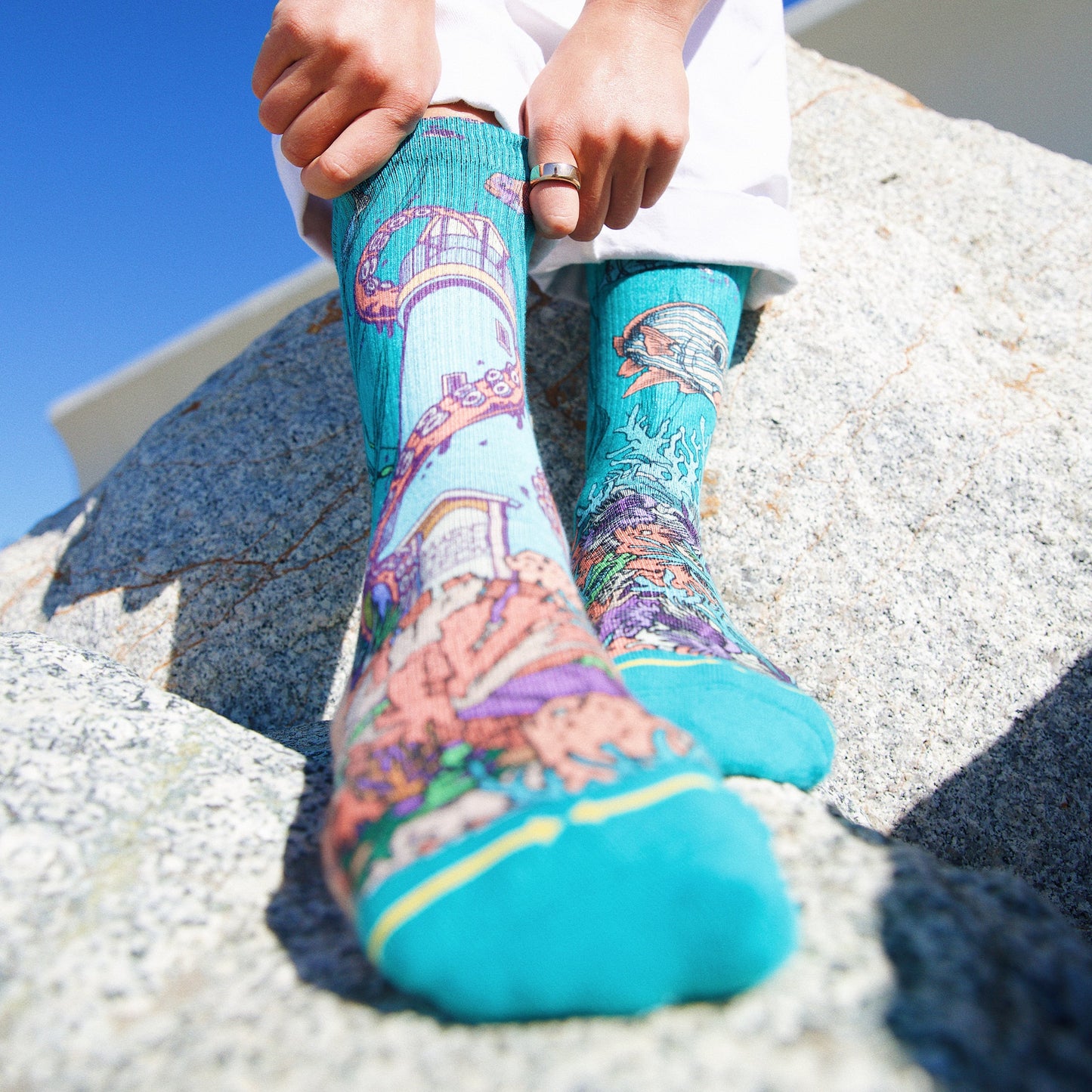 PangeaSeed Sea Walls Adult Crew MERGE4 Socks With Art By Taylor Reinhold