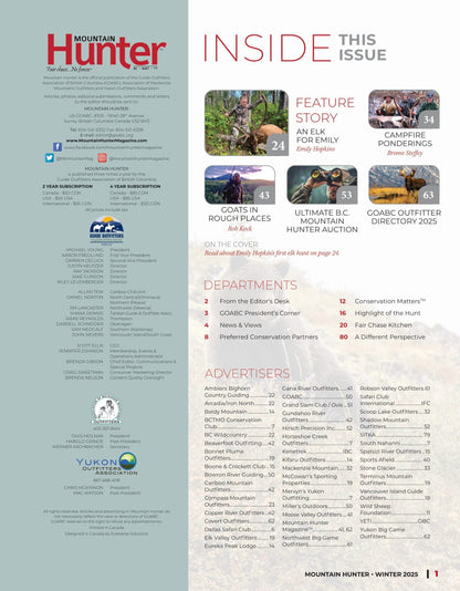 Mountain Hunter - Winter 2025: Campfire Ponderings, Goats In Rough Places, Fair Chase Kitchen, Ultimate BC Mountain Hunter Auction, GOABC Outfitter Directory 2025, Different Perspectives & More!